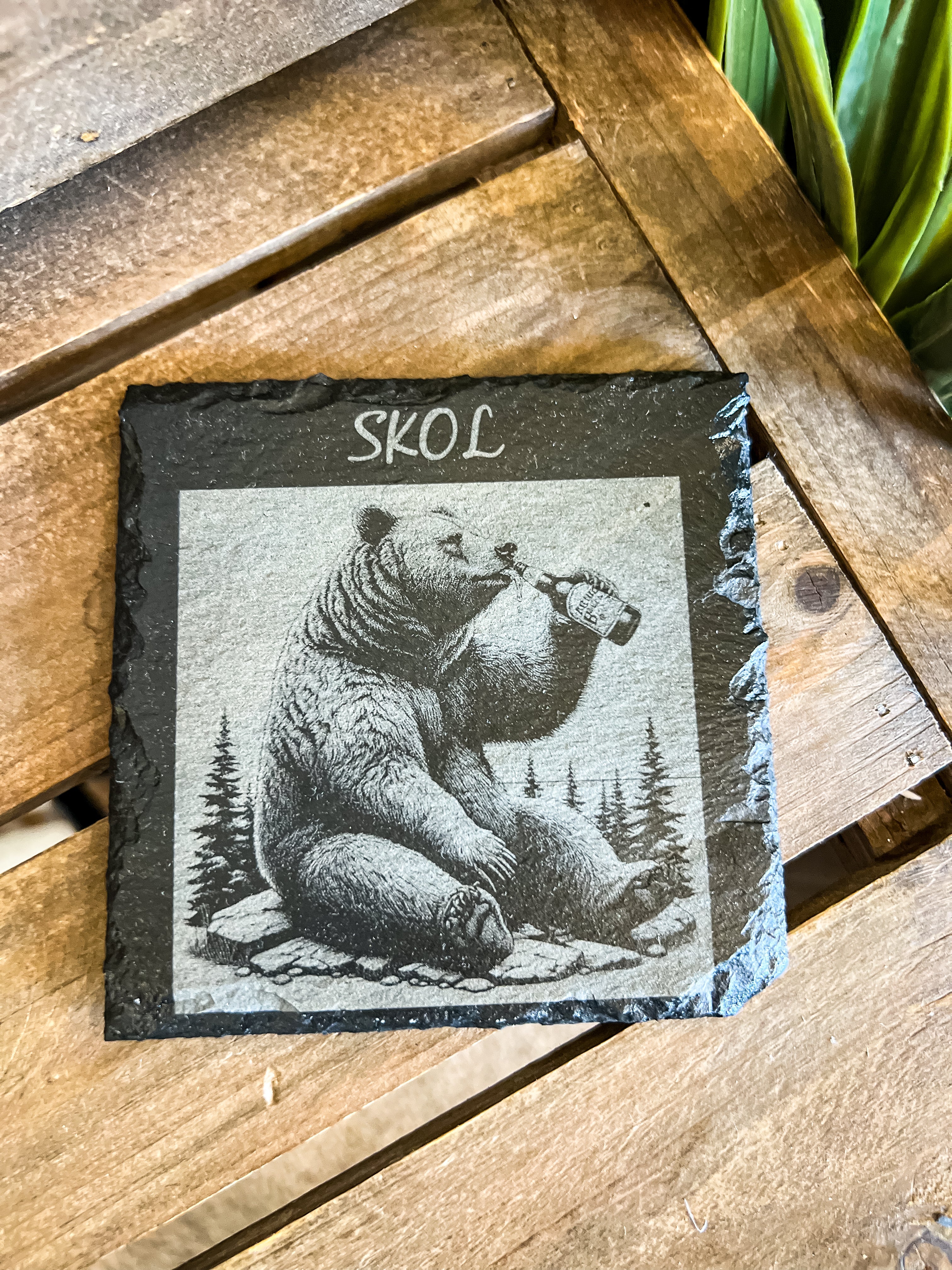 SKOL Bear Drinking Beer Engraved Coaster