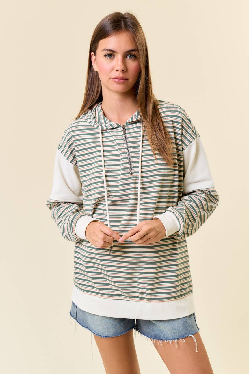 Soft Brushed Striped Quarter Zip Hooded Top