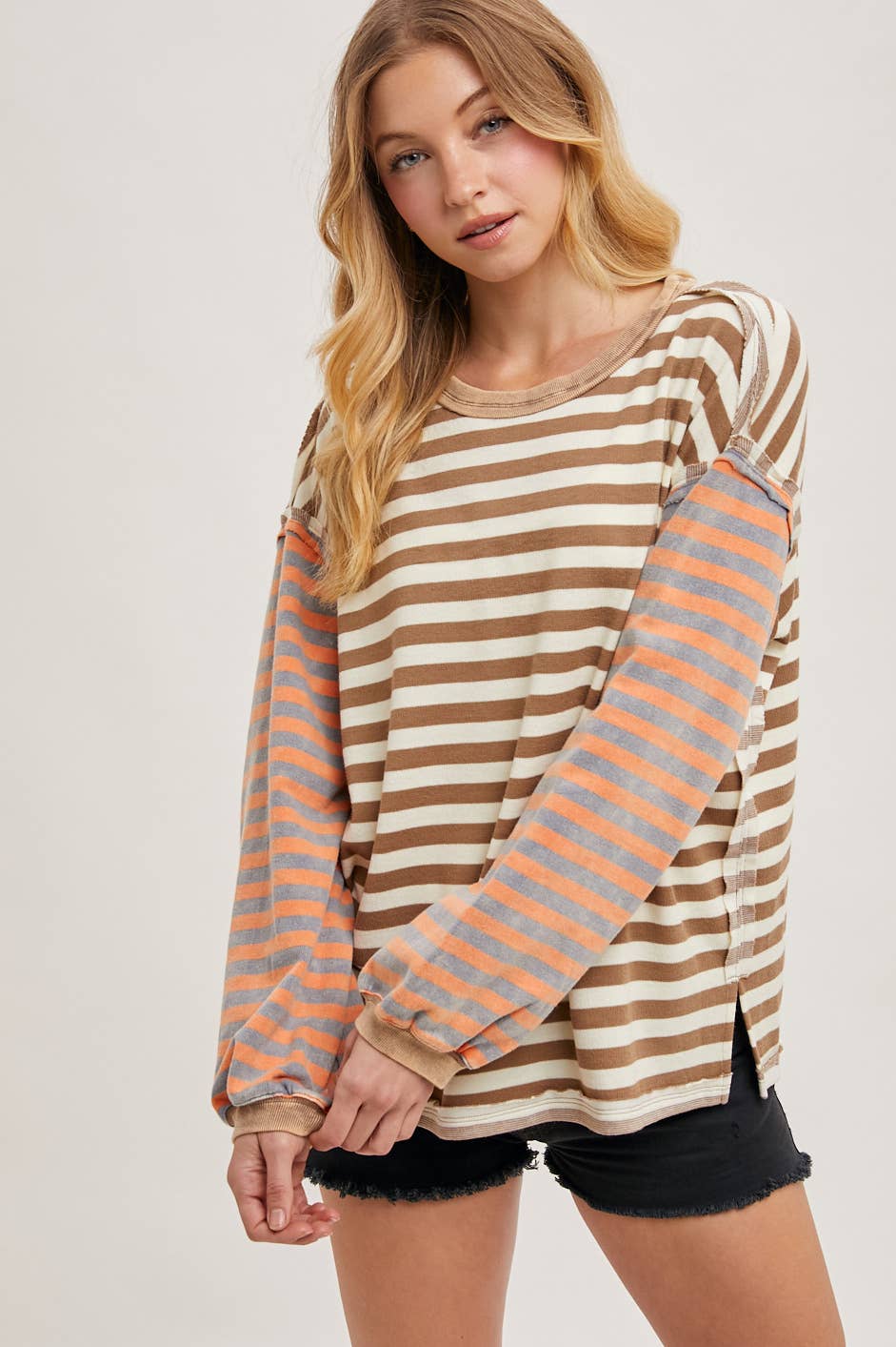 Striped Exposed Seam Loose Fit Pullover Shirt