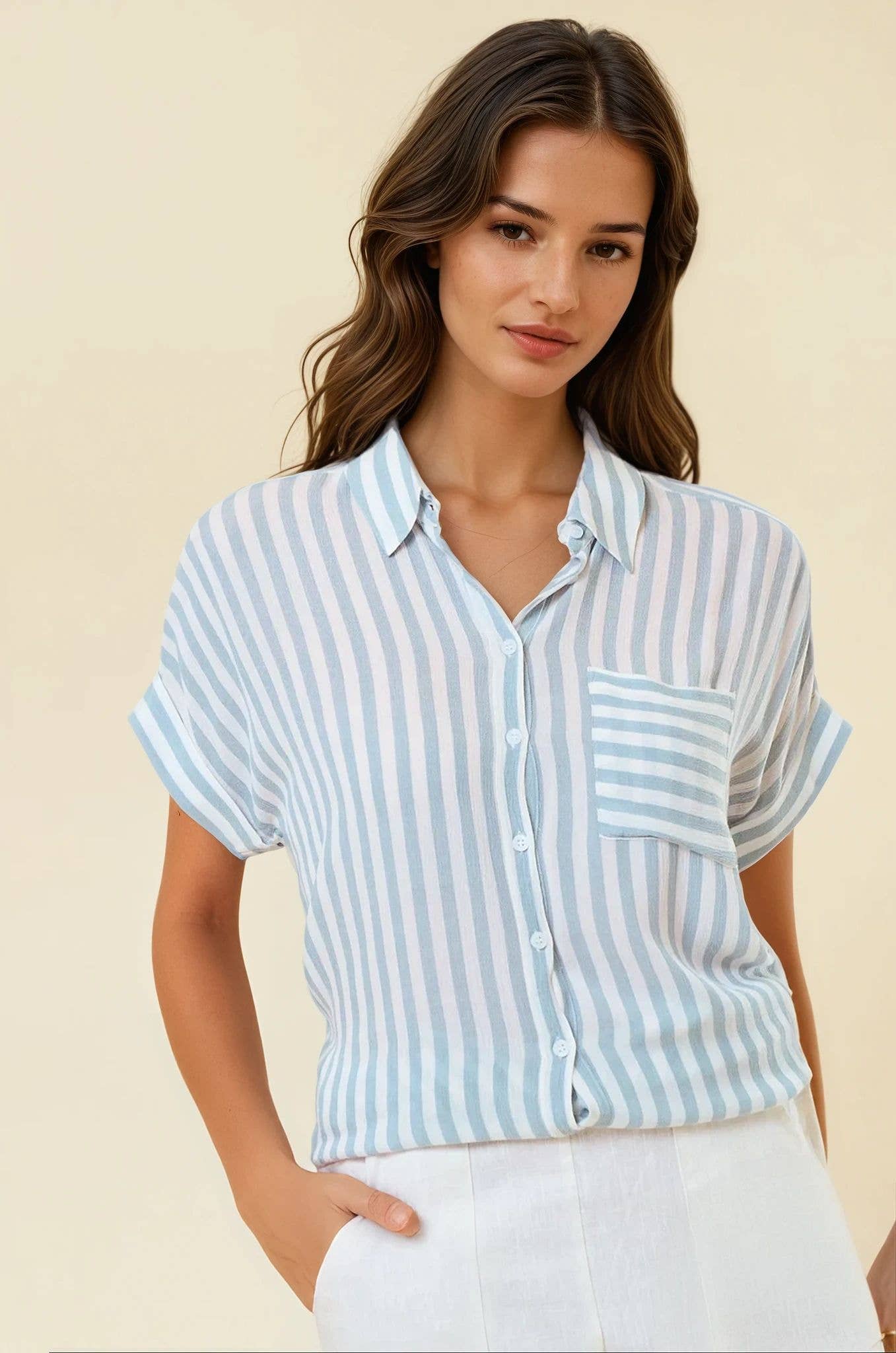 Striped Short Sleeve Shirt With Rolled Cuffs