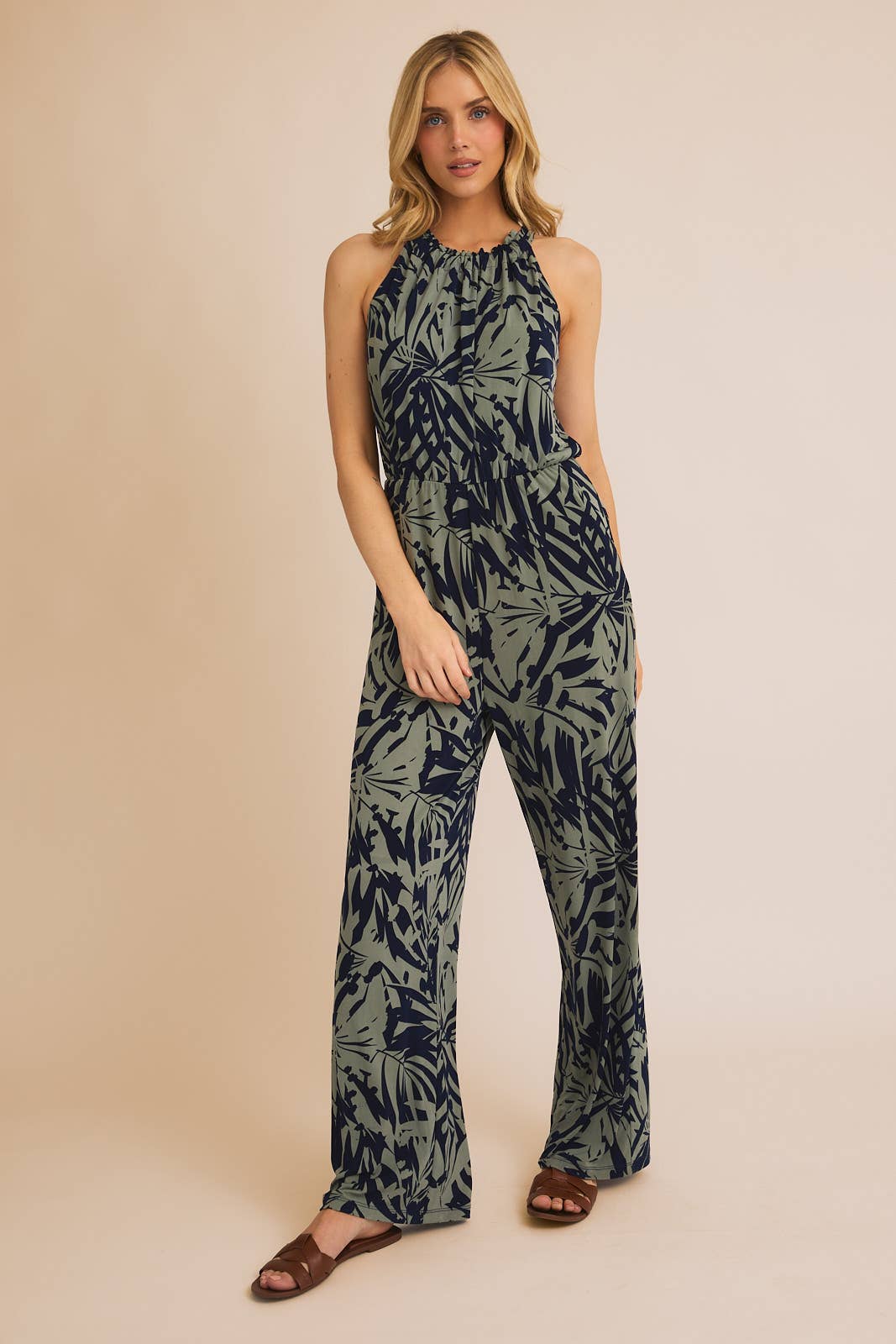 Tropical Palm Sleeveless Halter Jumpsuit