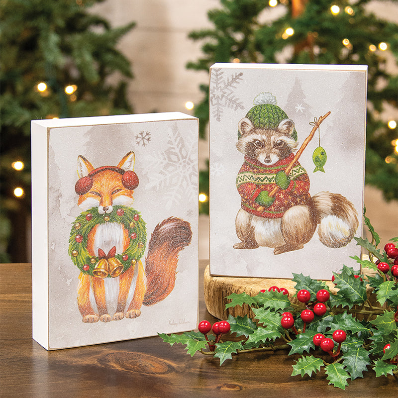 Warm Winter Woodland Fox & Raccoon Box Signs