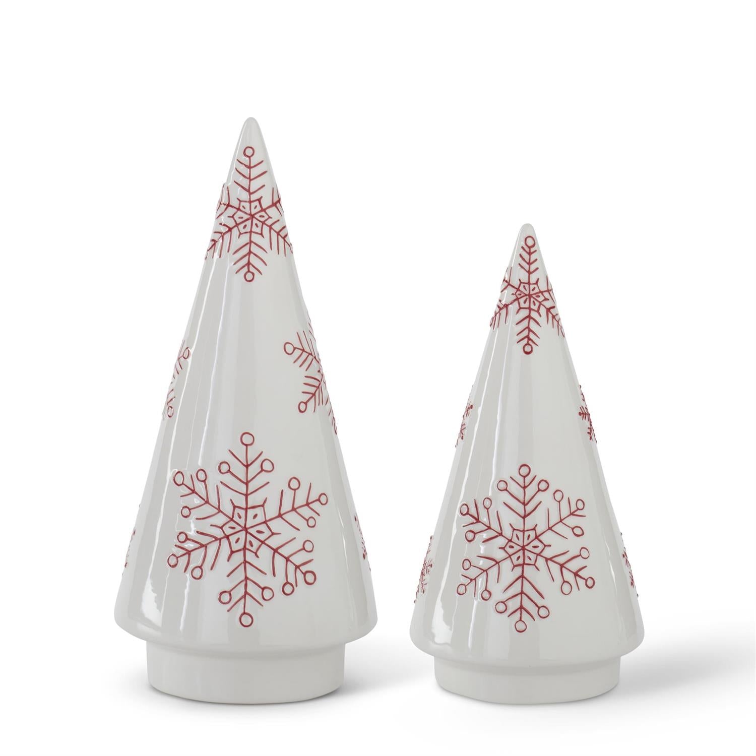 White Ceramic Cone Trees with Red Snowflakes