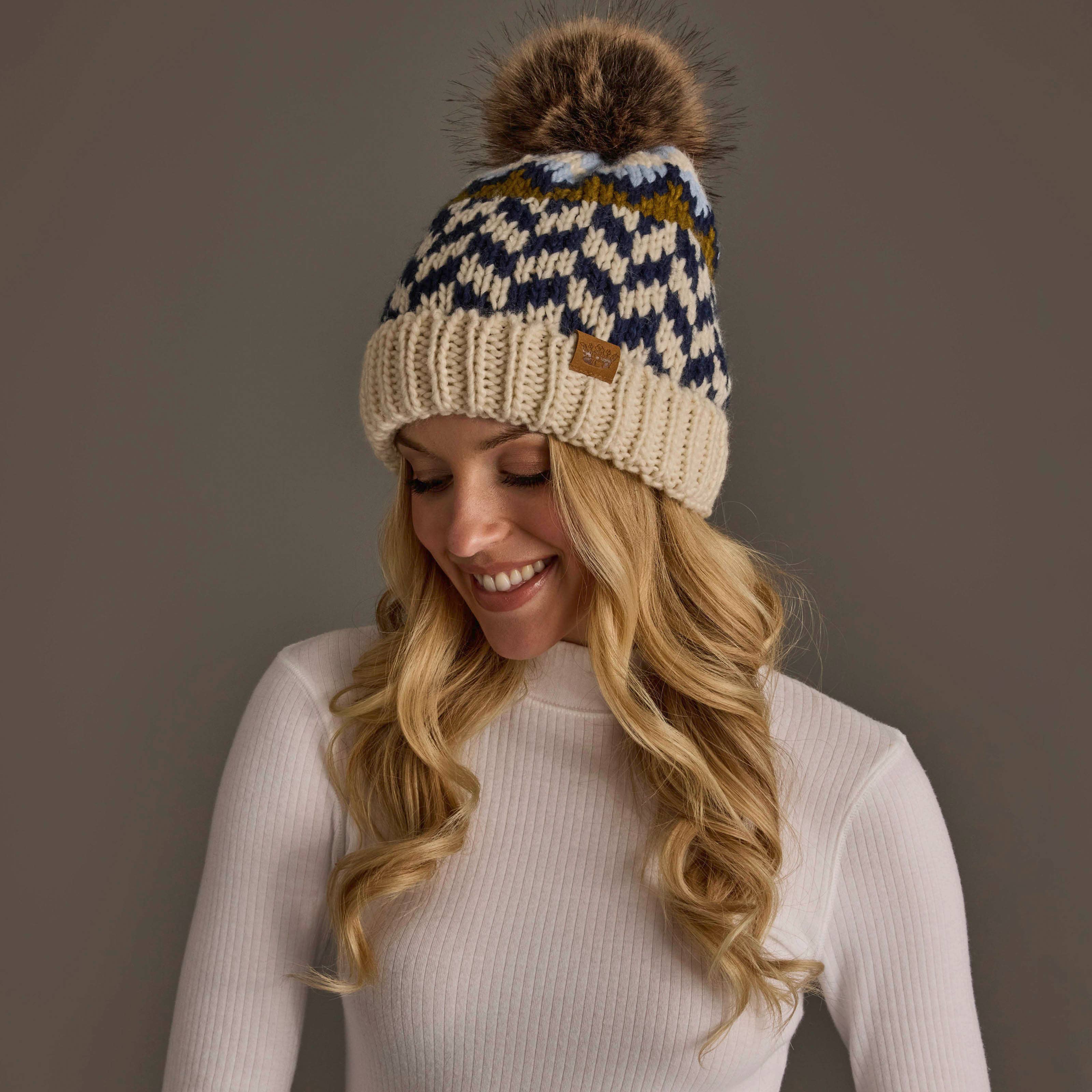 Beige, Navy & Light Blue Patterned Pom Hat