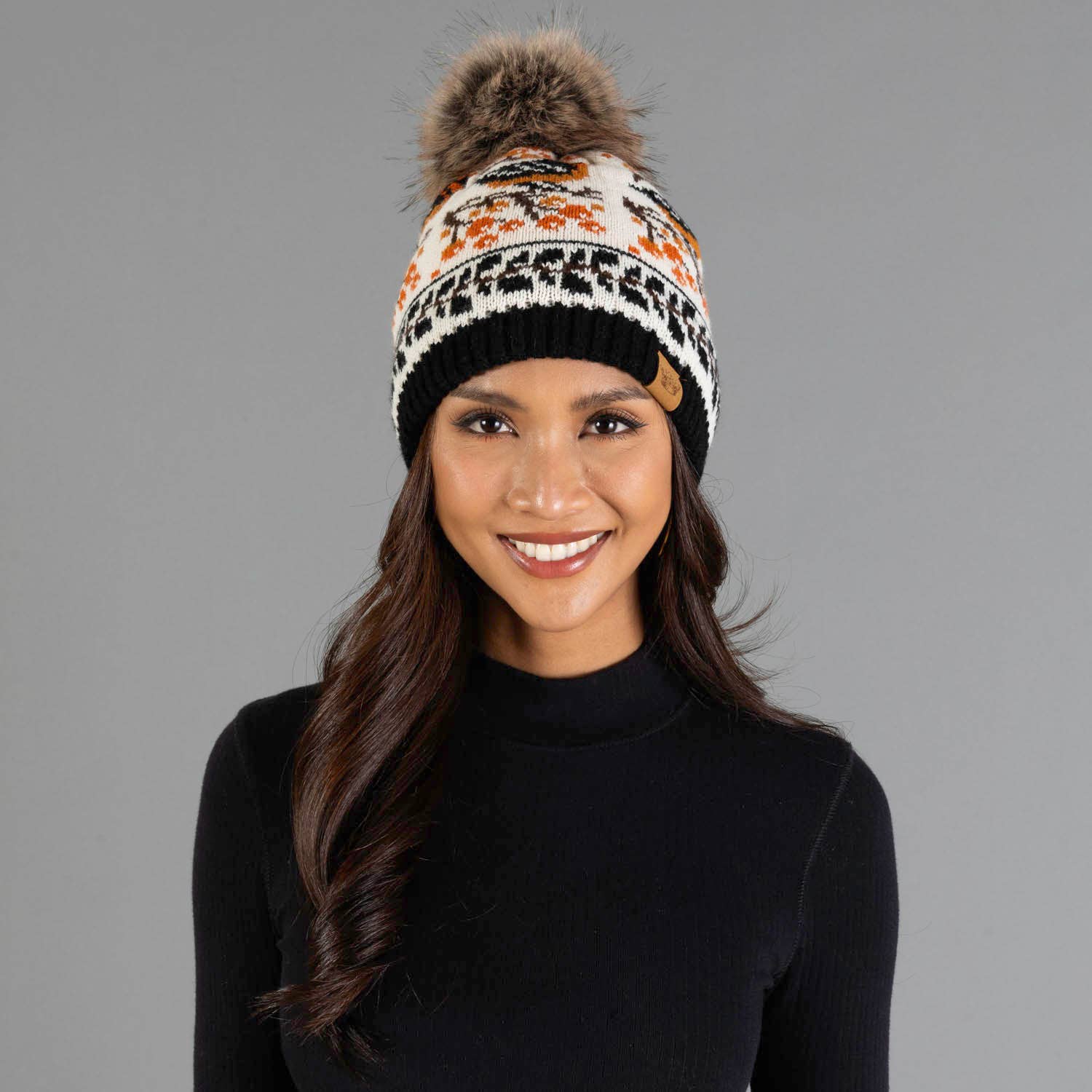 Birdie Black & Cream Pattern Knit Pom Hat