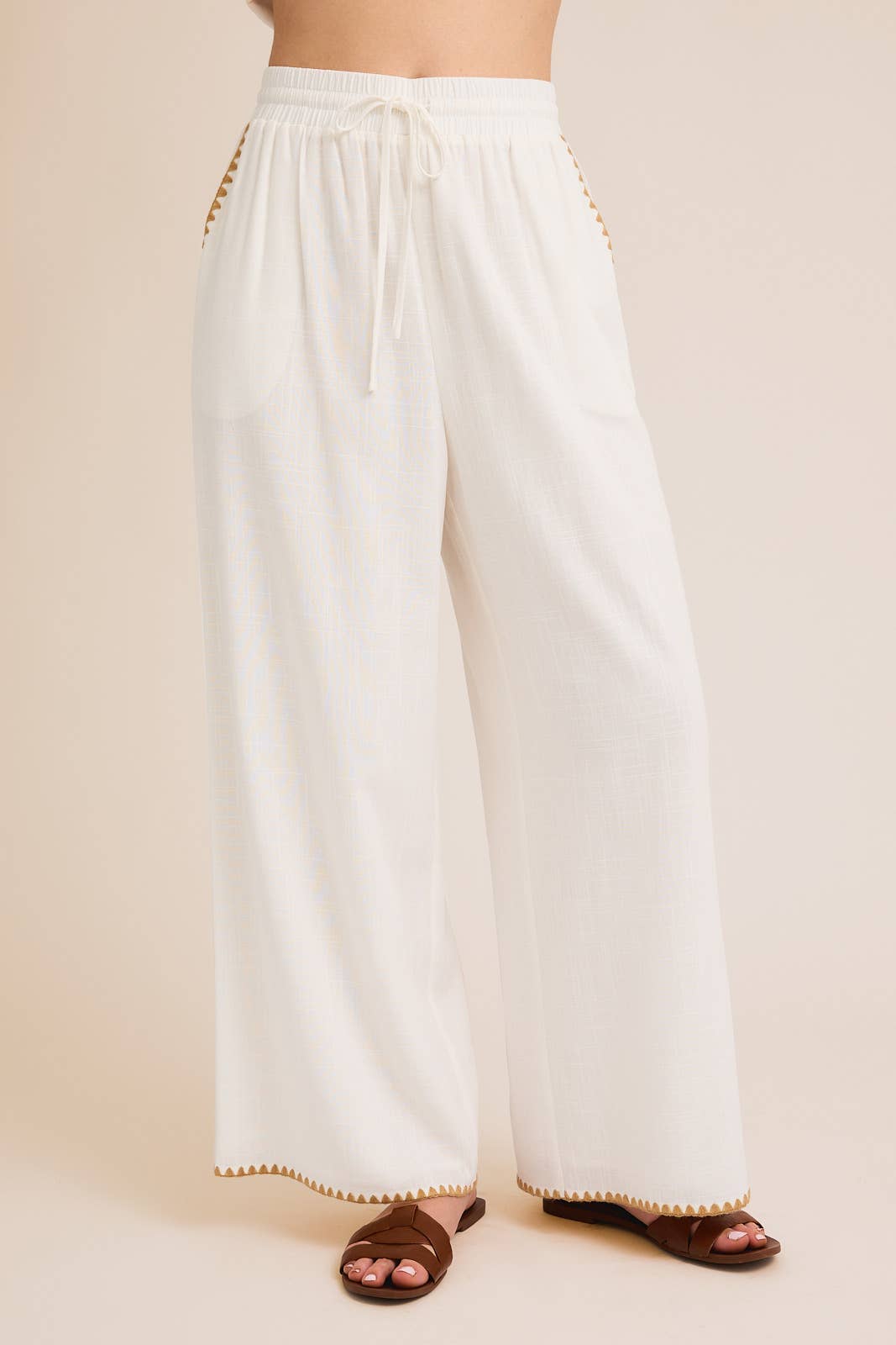 Linen Wide Leg Stitched Detail Pants