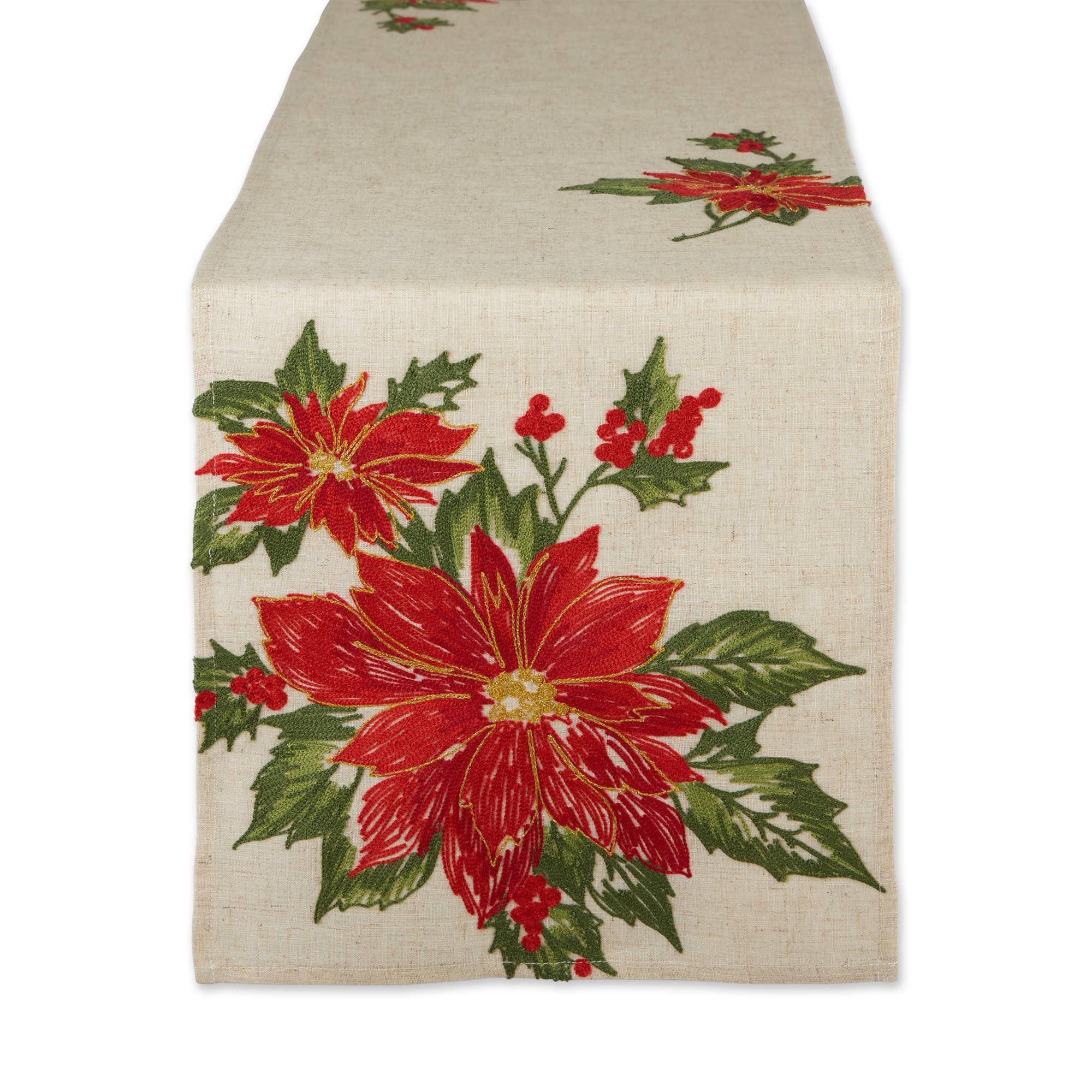 Poinsettia Holly Embroidered Table Runner - 14 X 70