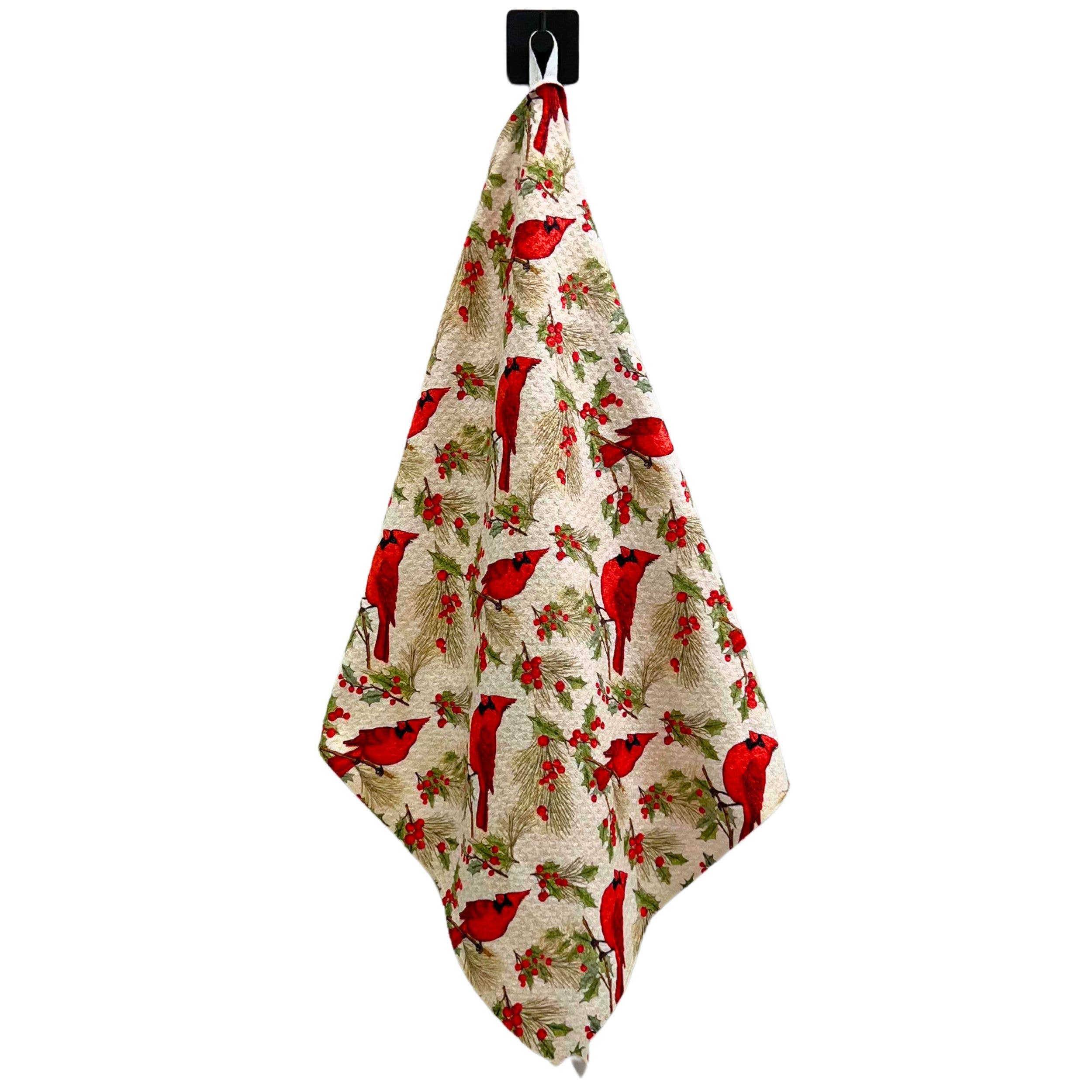 Red Cardinal Pattern Waffle Hand Towel With Hanging Loop