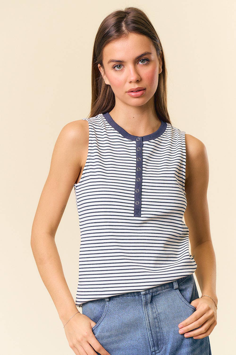 Striped Button up Tank Top - 41016T: White/Navy / S