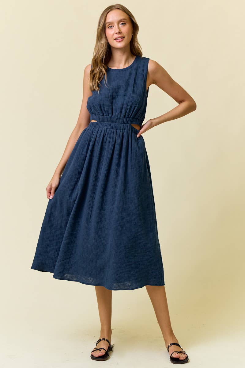 CUT-OUT WAIST MIDI DRESS W/ SIDE POCKET - 27920D: CORAL / L