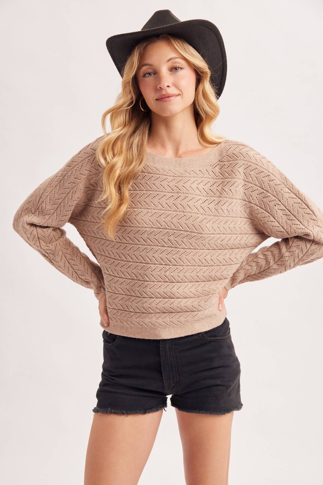 CHEVRON POINTELLE BOAT-NECK KNIT SWEATER PULLOVER: ECRU / S/M