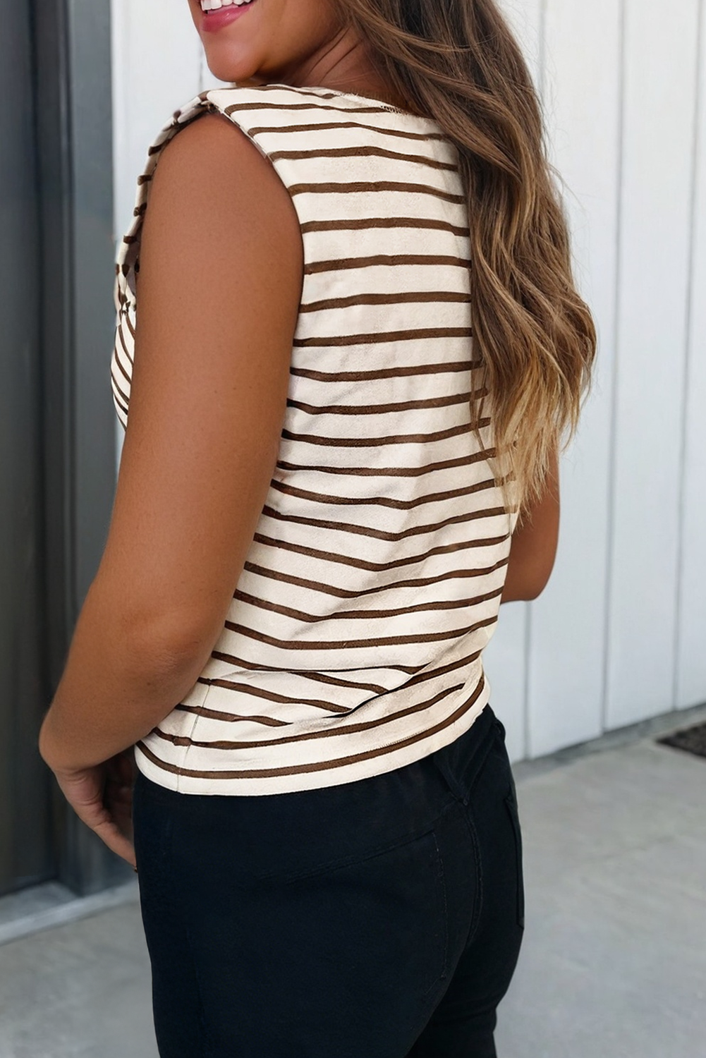 Stripe Ribbed Round Neck Loose Tank Top
