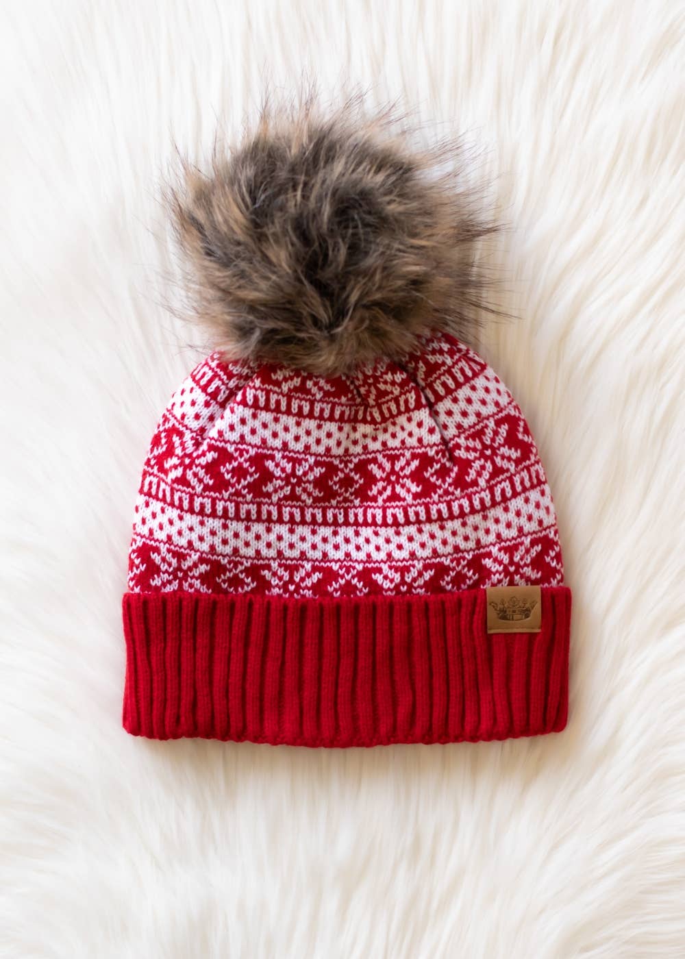 Red & White Winter Pattern Pom Hat