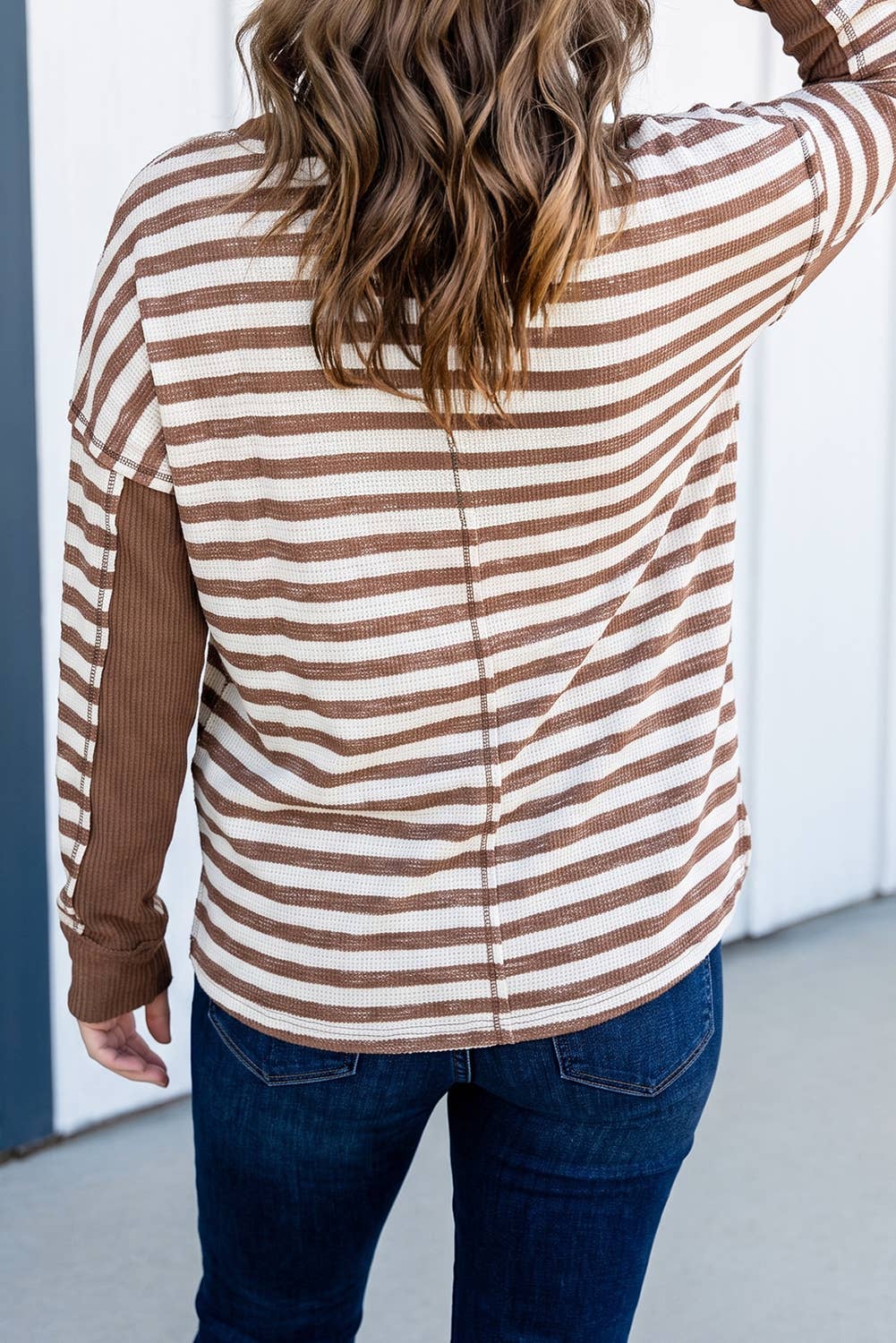 LAS Fall Striped Patchwork Crew Neck Pullover Top (S-XL): Brown Stripe / XL