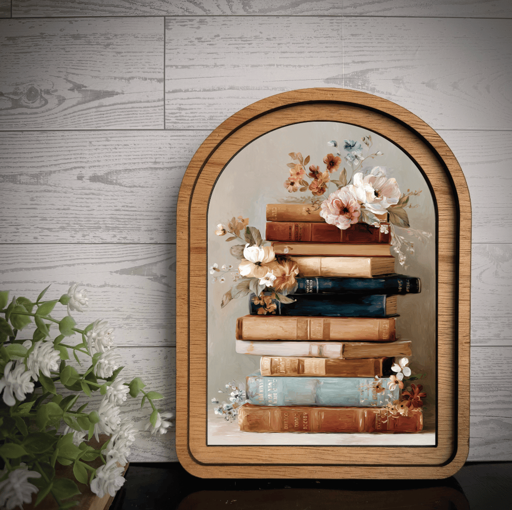 Maci Loo Makings Wall Decor Arch Frame Art Books Stacked Floral | Wood & Canvas: Small