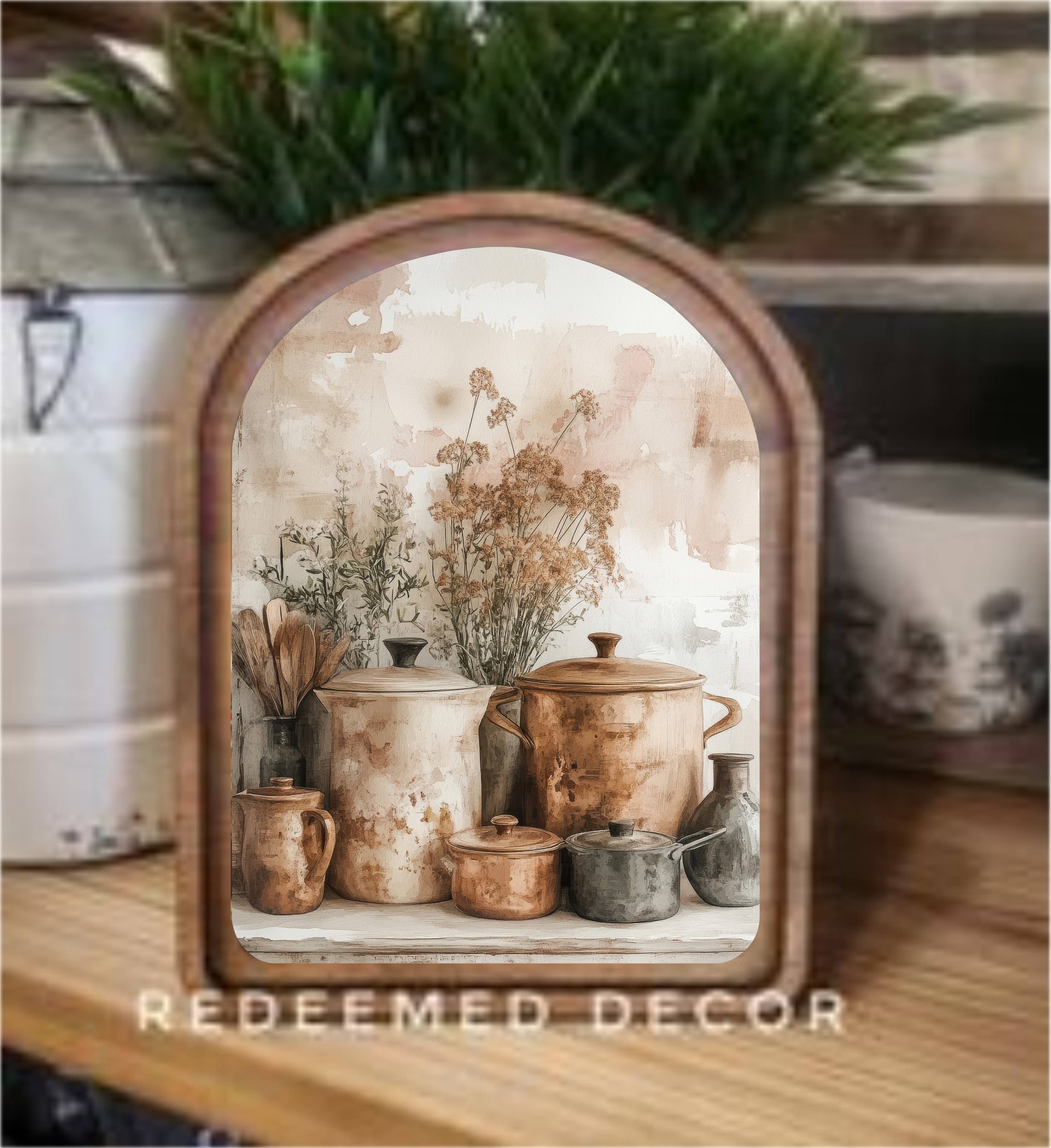 Redeemed Decor Arch Top Copper Pots Framed Art: 6x8"