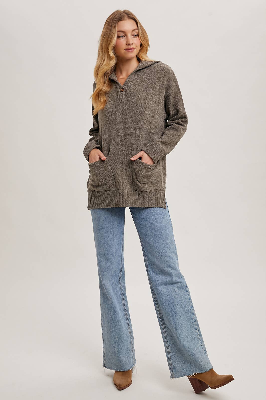 Bluivy Ash One Button Front Flap Collar Pullover Sweater