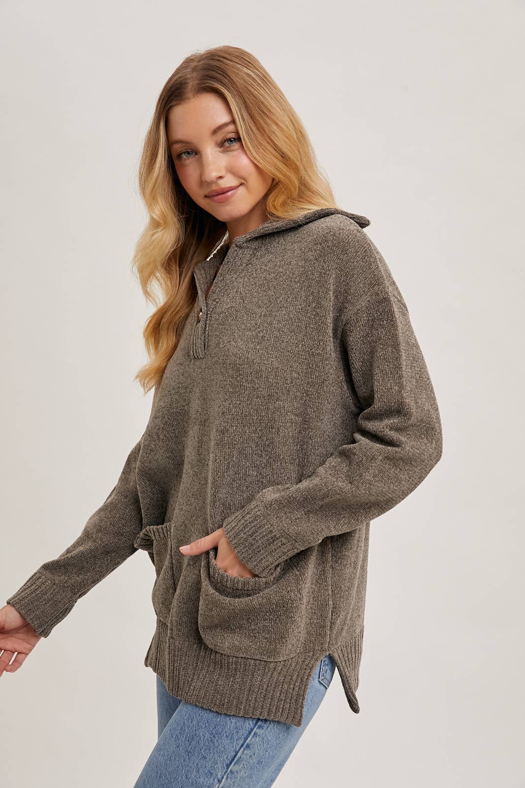 Ash One Button Front Flap Collar Pullover Sweater