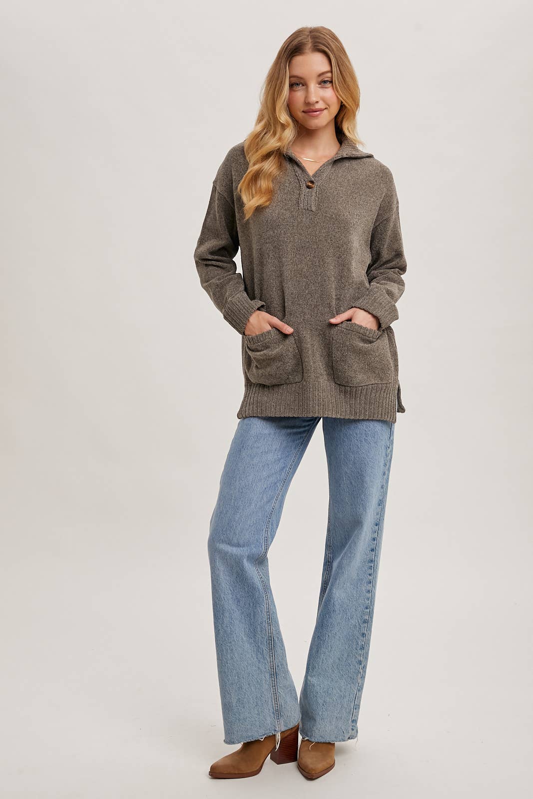 Ash One Button Front Flap Collar Pullover Sweater