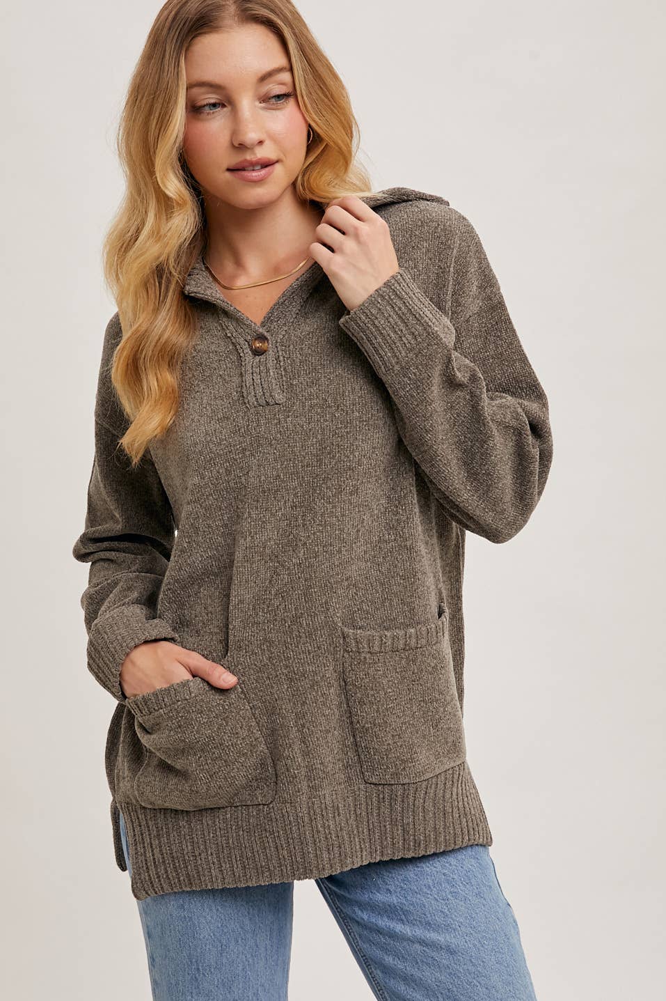 Bluivy Ash One Button Front Flap Collar Pullover Sweater