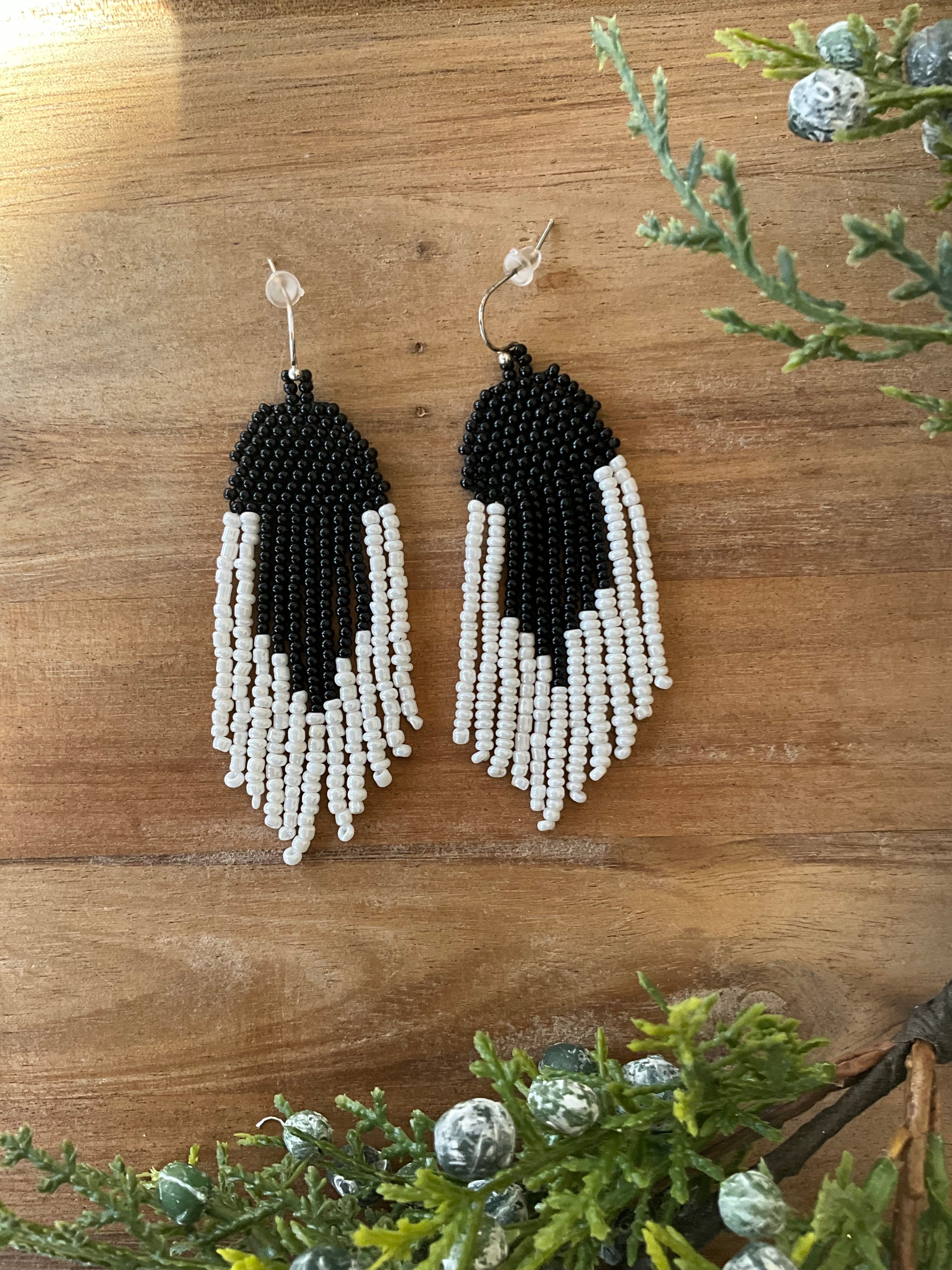 ALH #10 (Amber) Earrings White & Black Aster Seed Bead Earrings