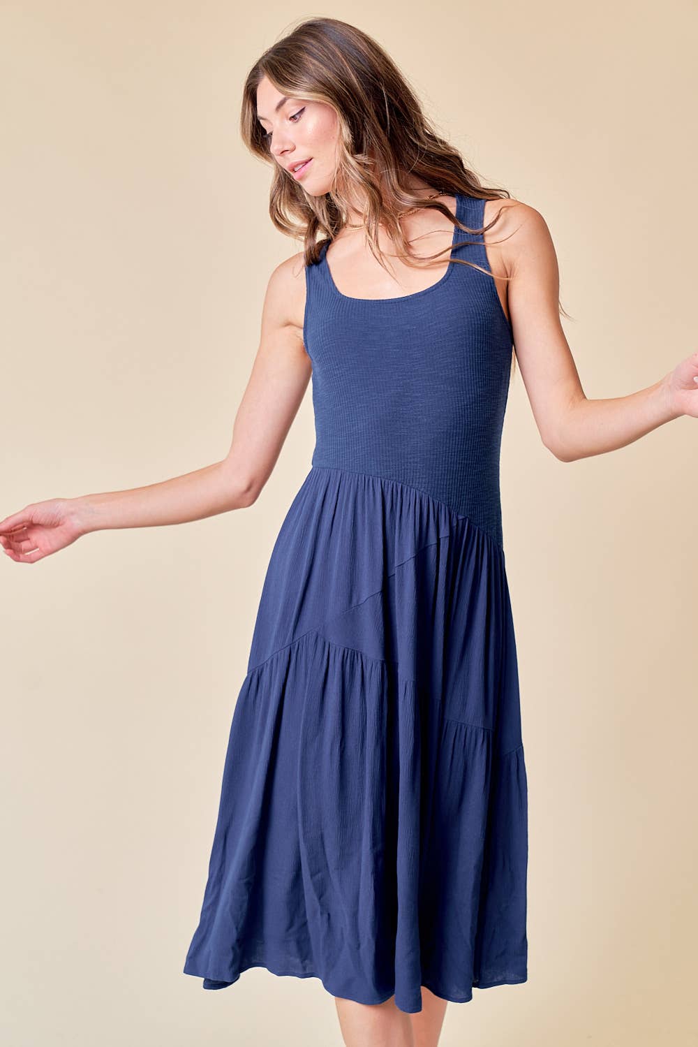 Doe and Rae Dress Asymmetrical Tiered Midi Dress