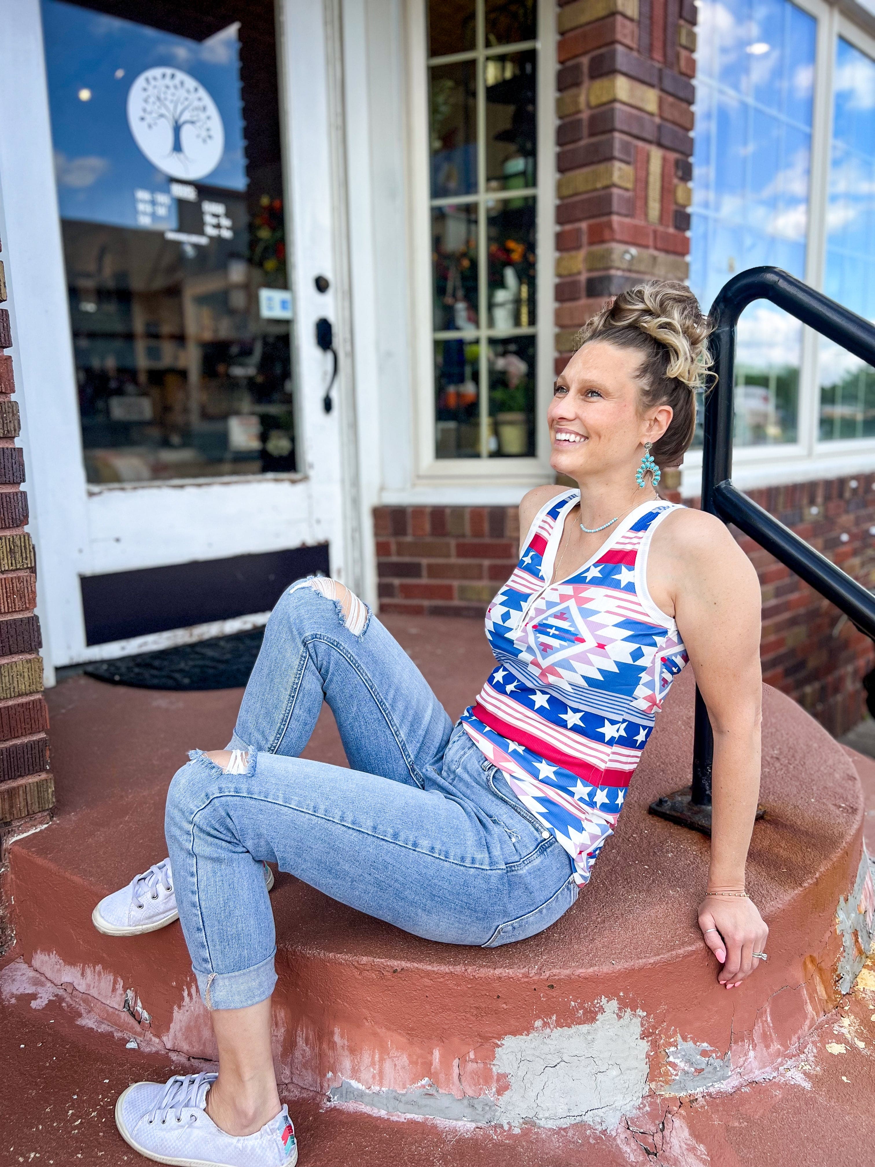 Aztec Blue US Flag Star Print Tank Top