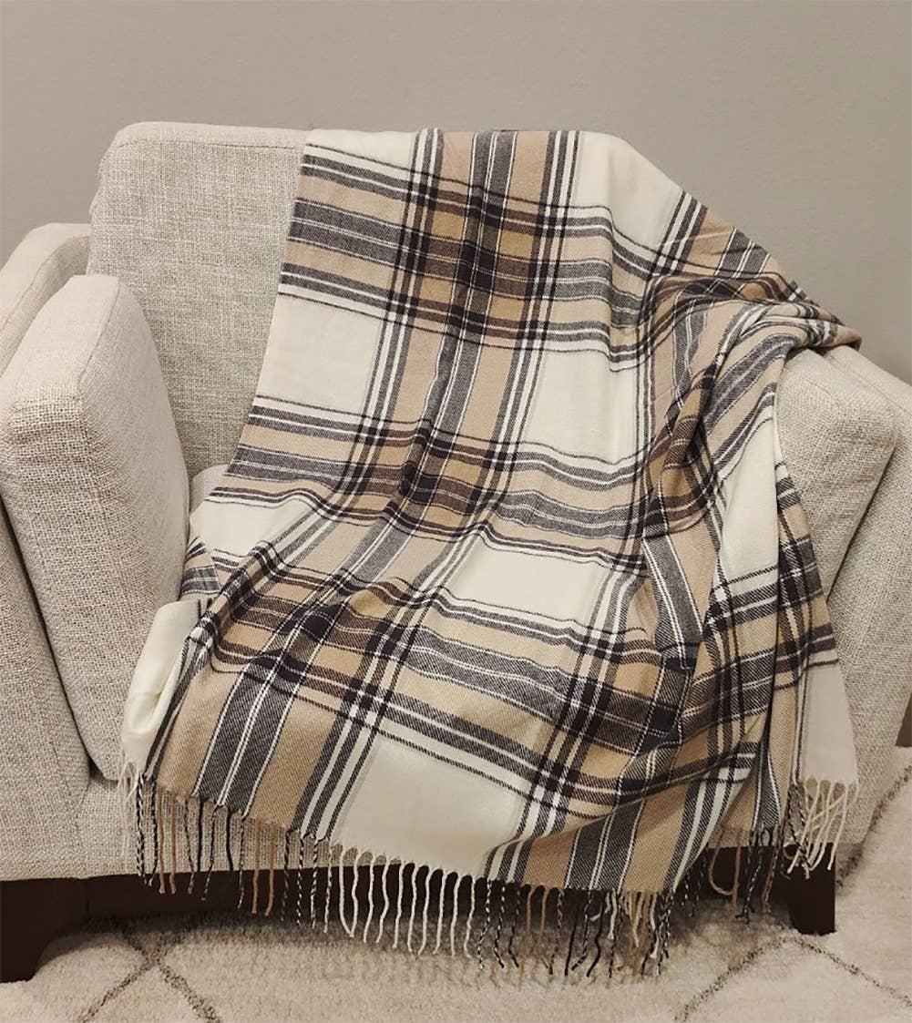 Brown Classic Plaid Tassel Trim Throw Blanket