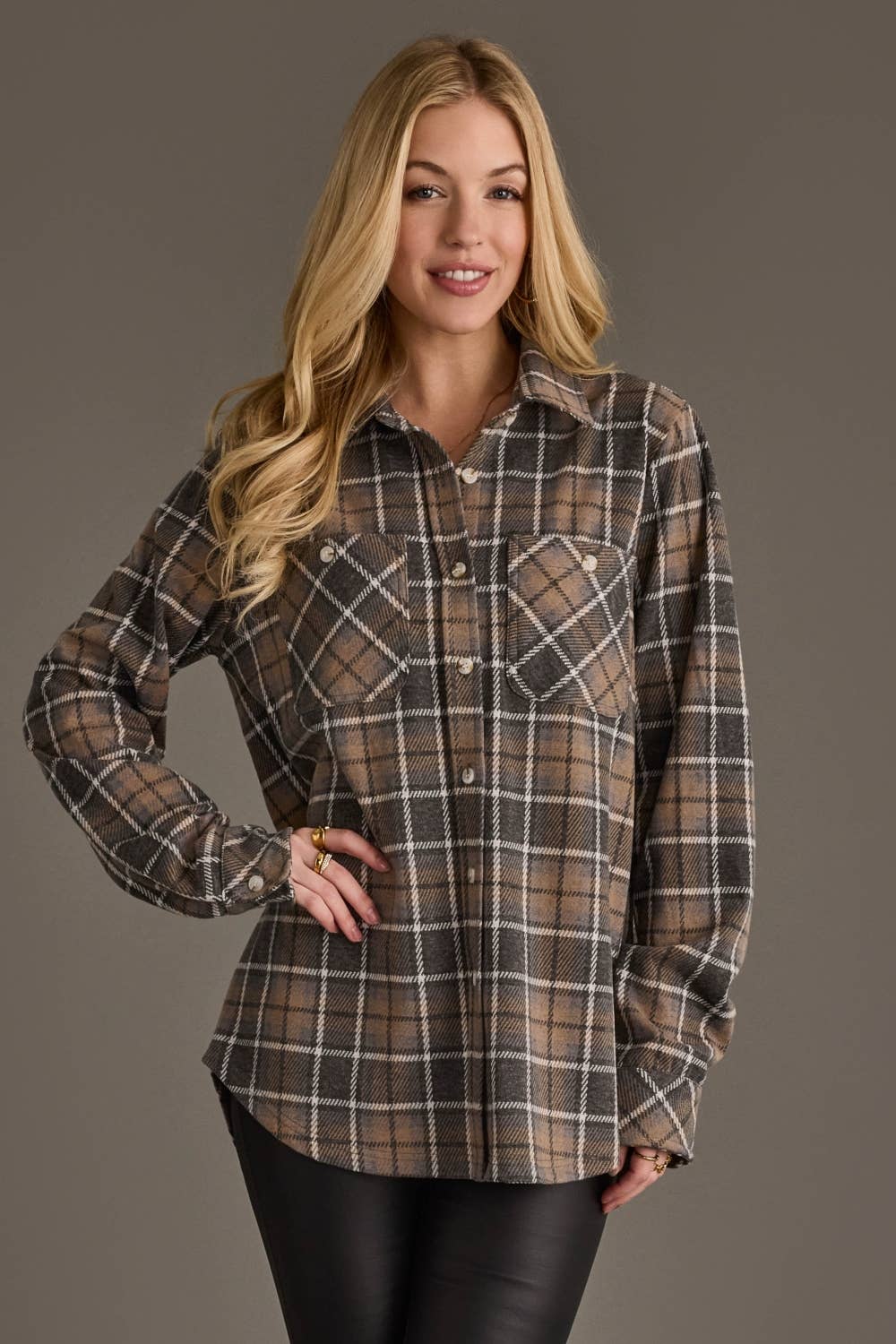 Gray, Tan & White Plaid Button Up