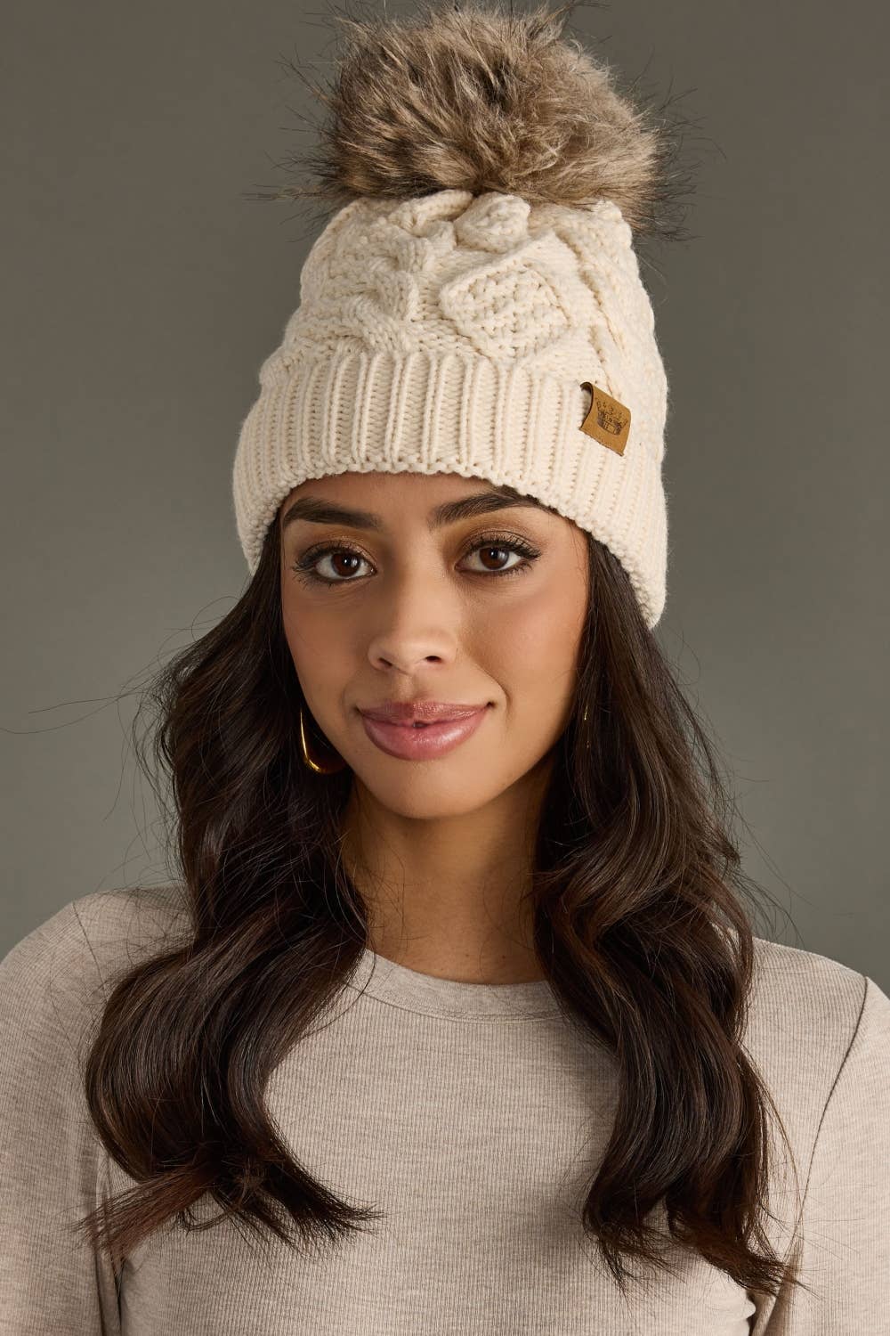 Panache Apparel Co. Beanie Beige Cable Knit Pom Hat