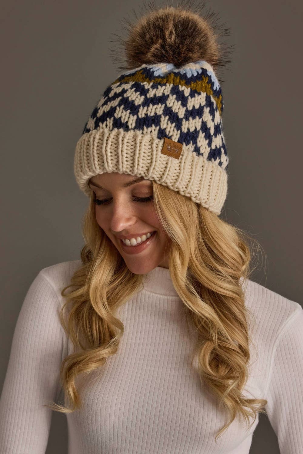 Beige, Navy & Light Blue Patterned Pom Hat