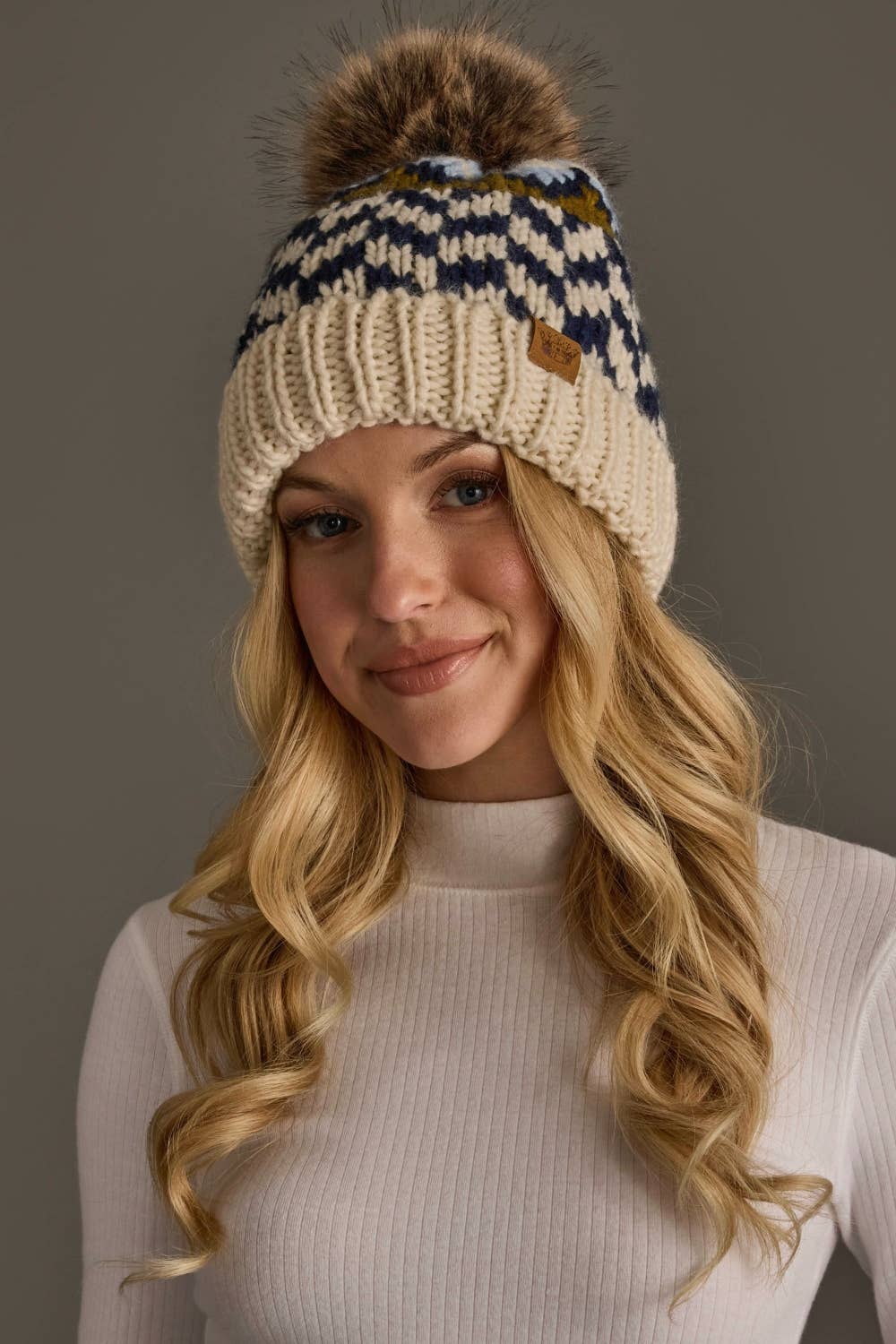 Beige, Navy & Light Blue Patterned Pom Hat
