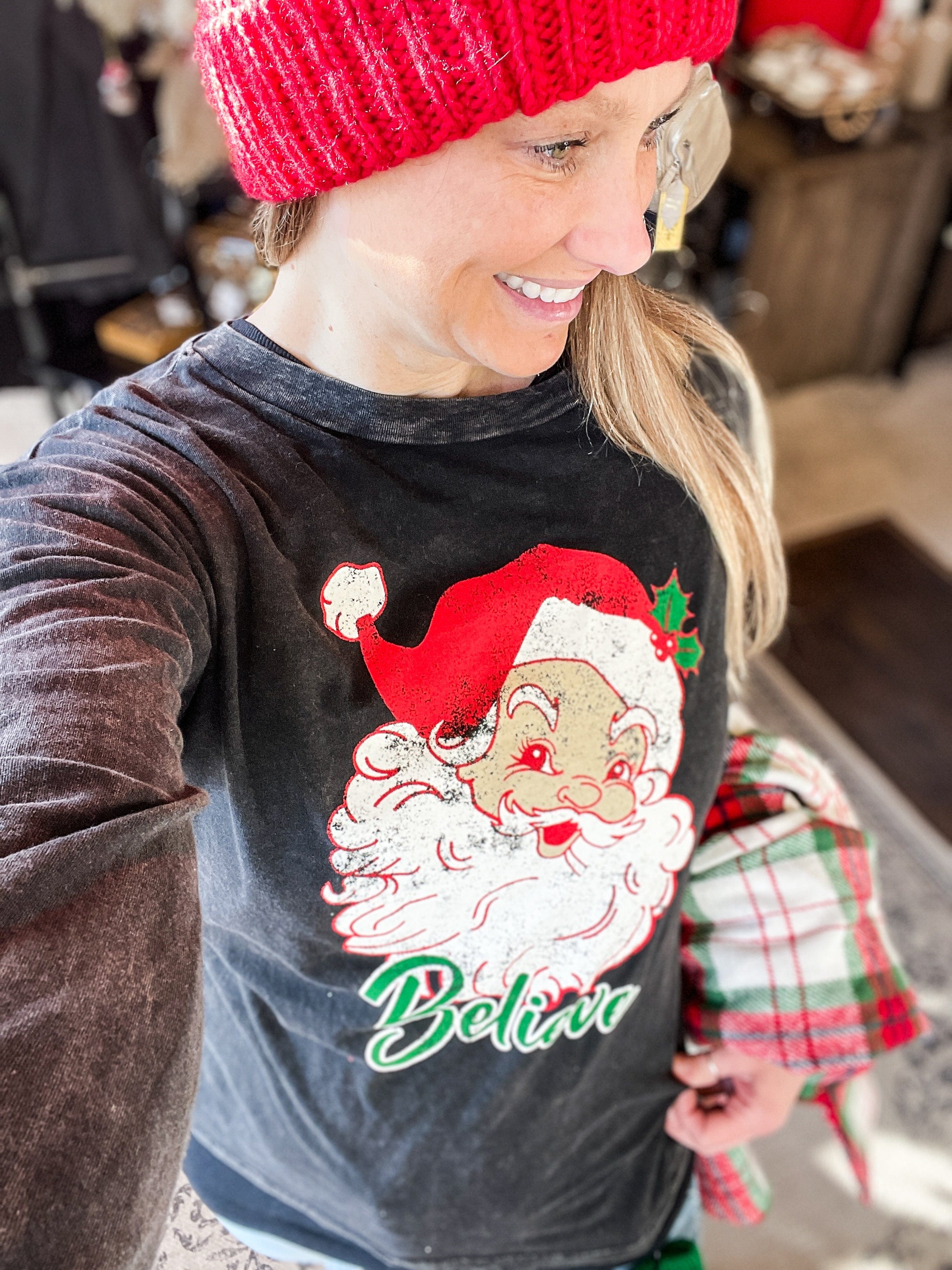 Believe Santa Mineral Crewneck Black Long Sleeve Tee