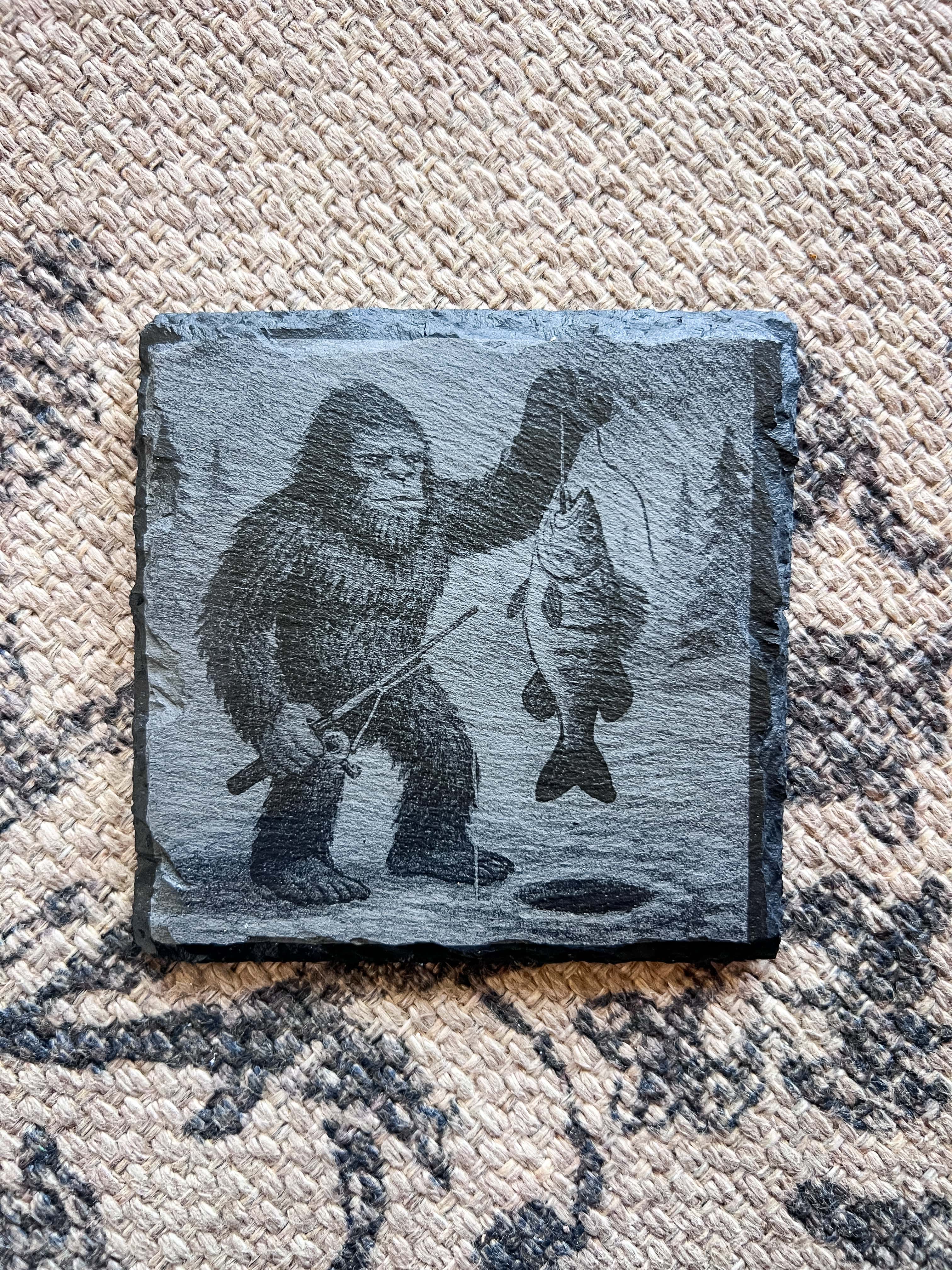 MT #311 (Mitch) Coaster Fishing Sitting on Log Drinking Beer Bigfoot Engraved Coaster