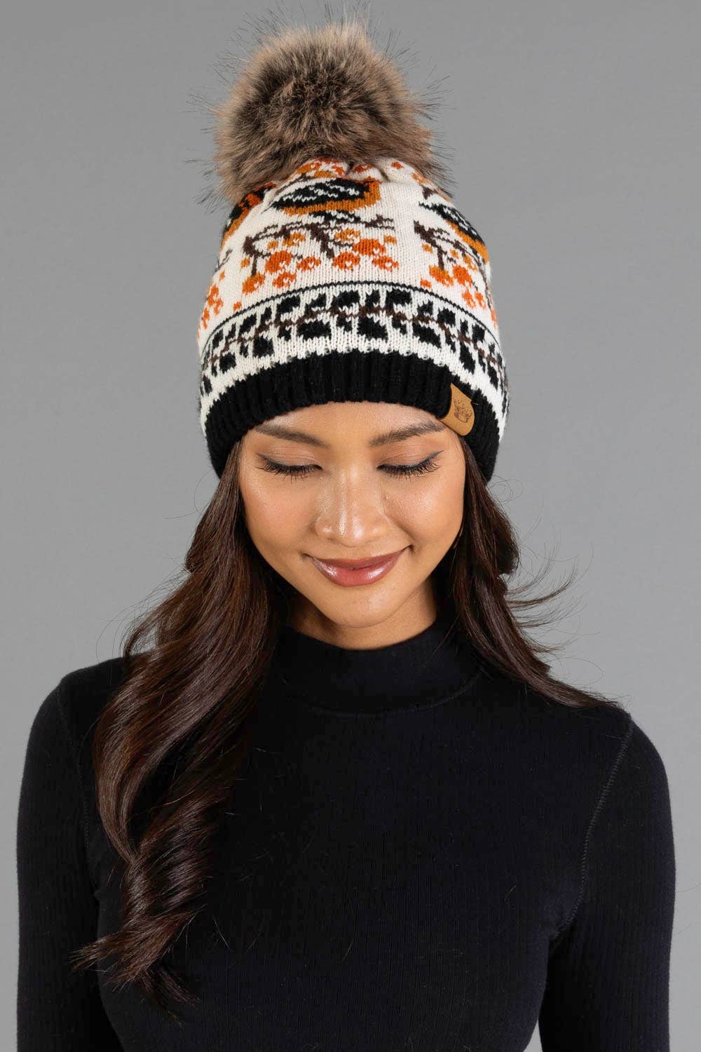 Birdie Black & Cream Pattern Knit Pom Hat