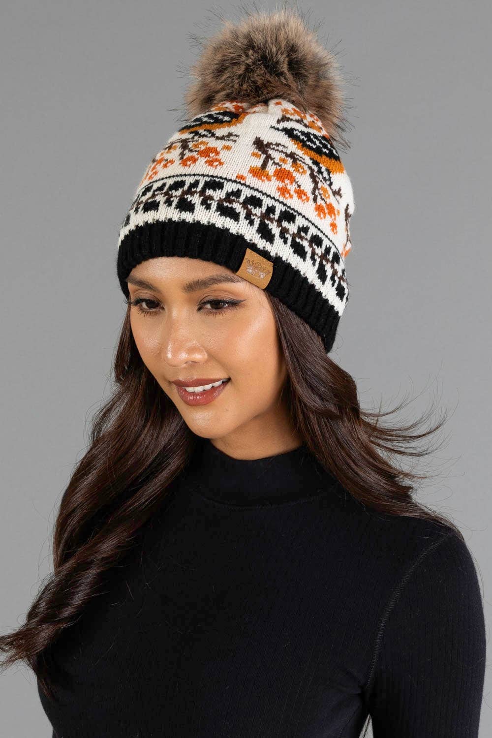 Birdie Black & Cream Pattern Knit Pom Hat