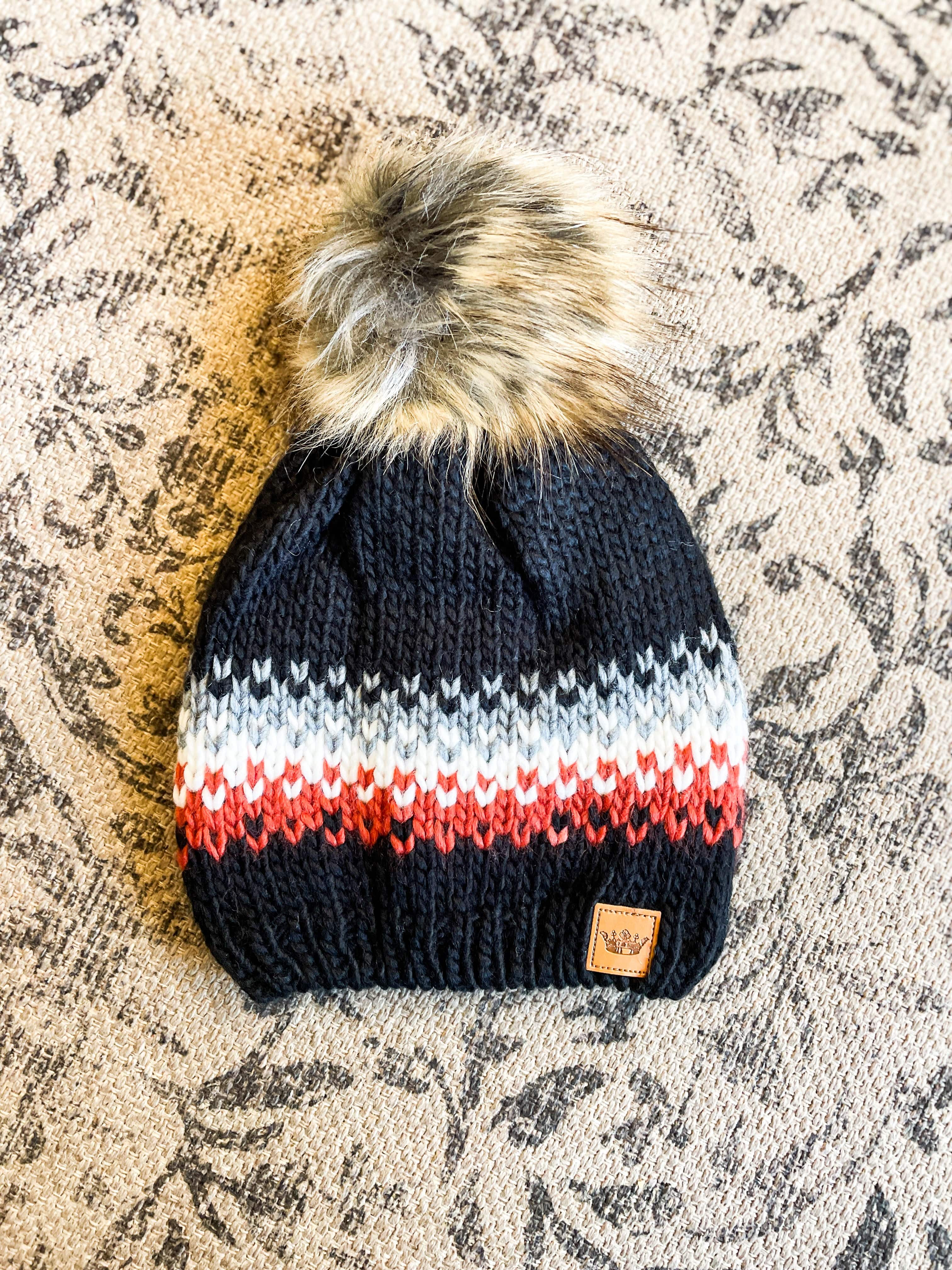 Black, Rust & Ivory POM Beanie Hat