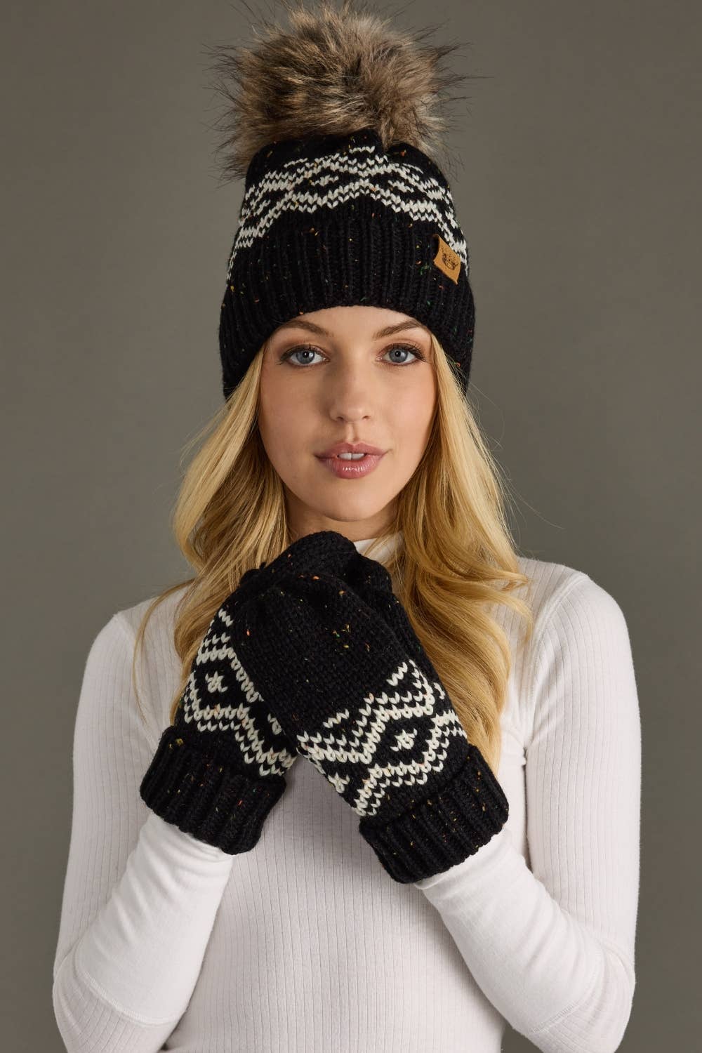 Black & Speckled Patterned Pom Hat