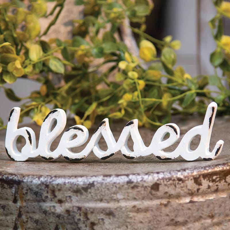Blessed Distressed White Resin Sitter