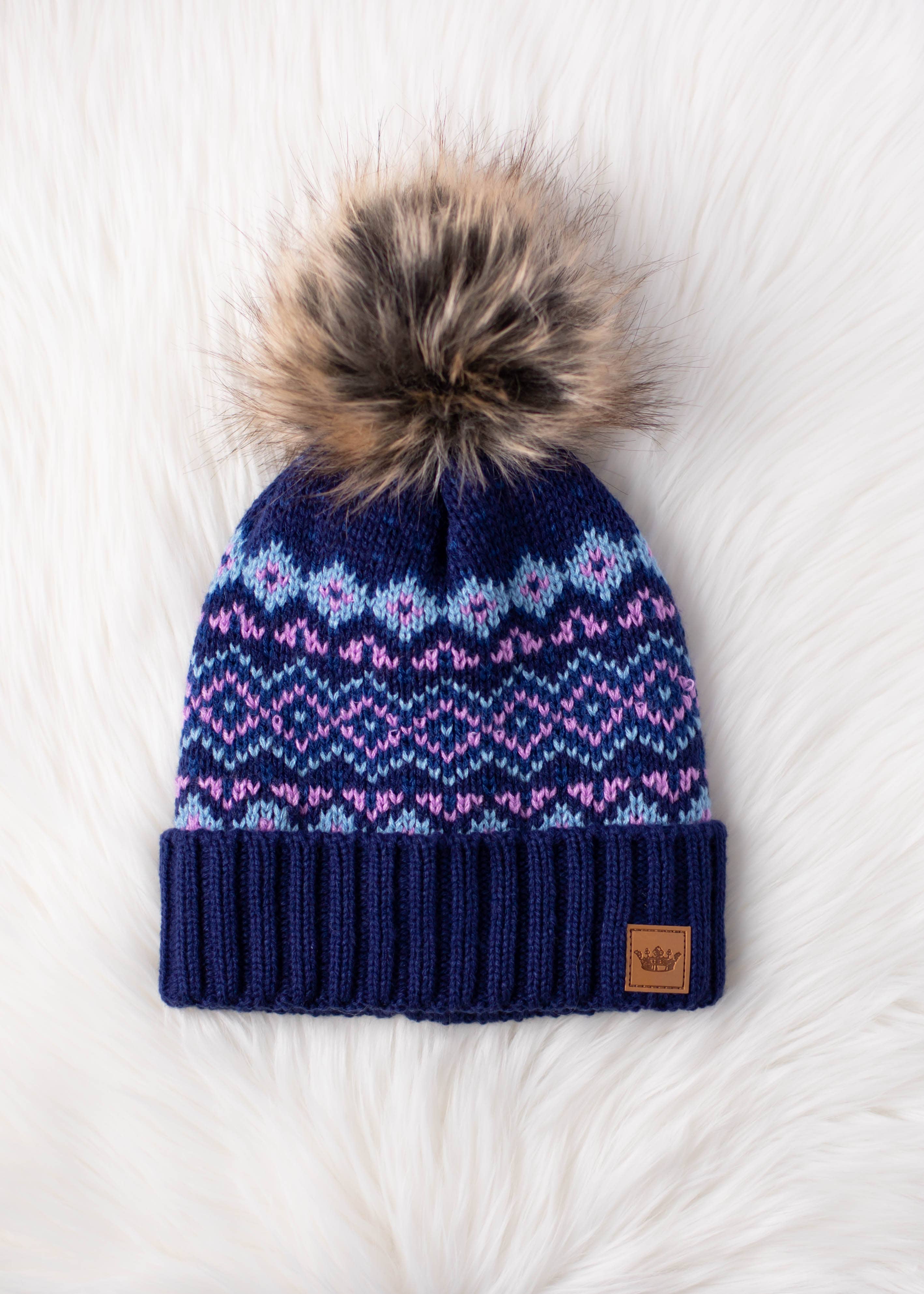 Panache Apparel Co. Beanie Blue & Purple Patterned Pom Hat