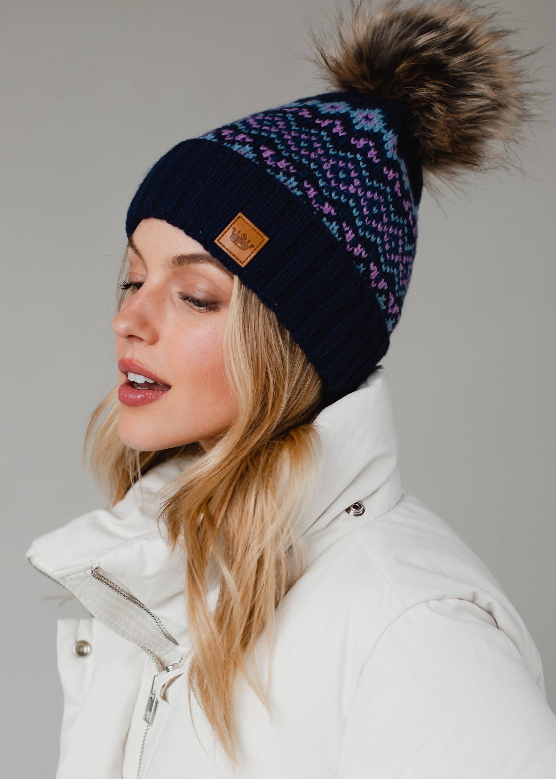 Blue & Purple Patterned Pom Hat