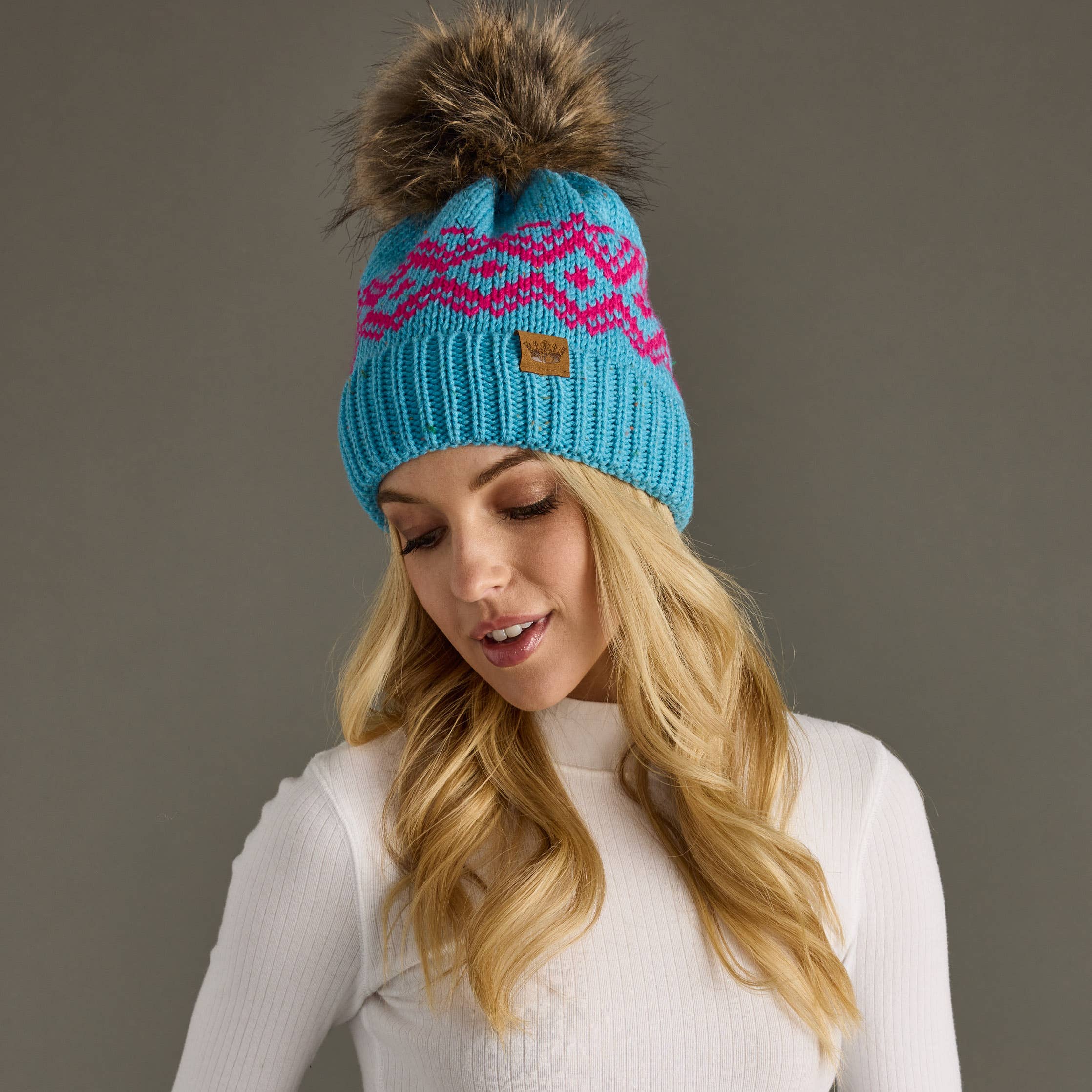Panache Apparel Co. Beanie Blue & Speckled Patterned Pom Hat