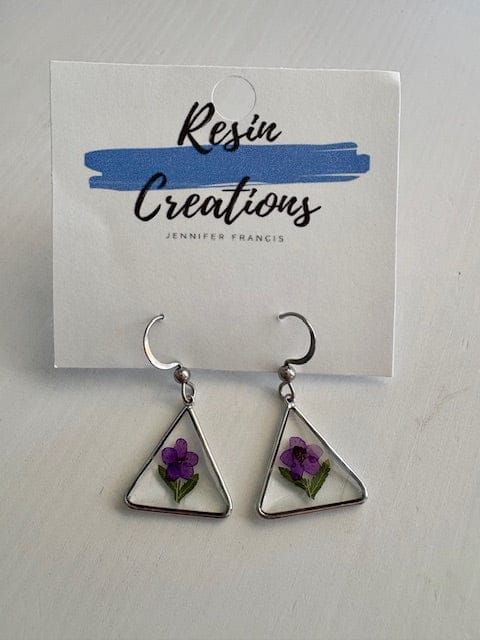 JF #112 (Jennifer) Earrings purple flower with fern Boho Silver Triangle Resin Earrings