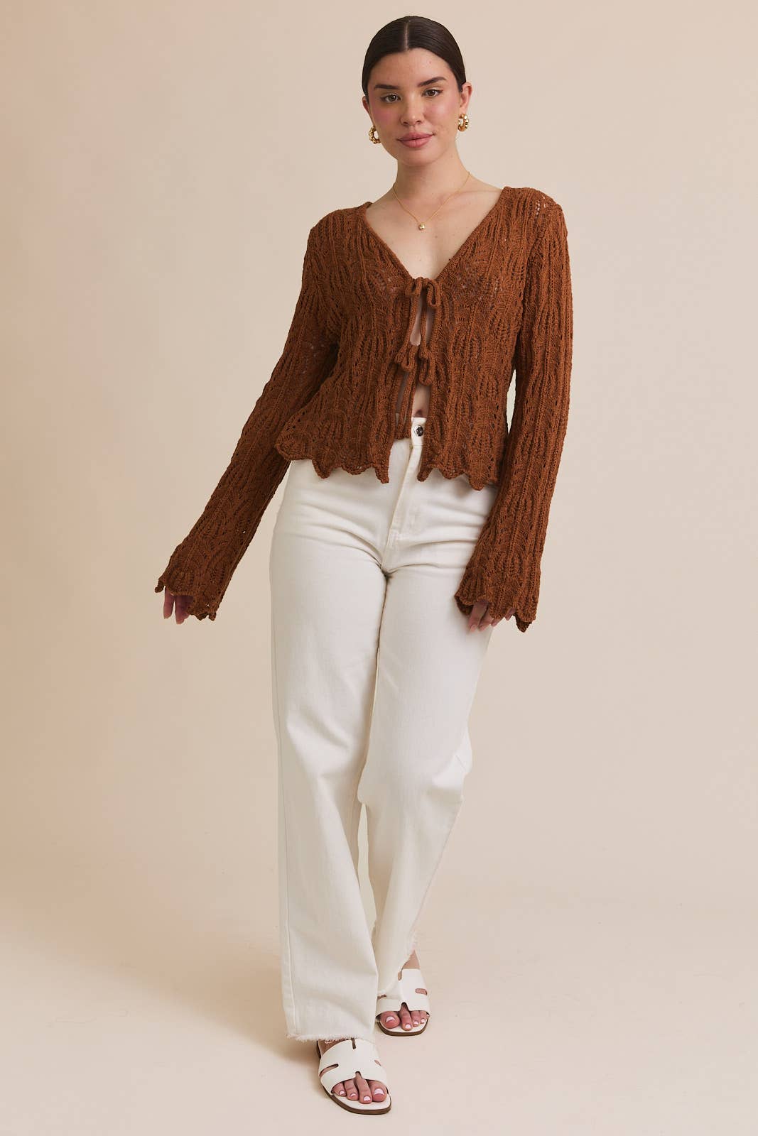 Brown Bell Sleeve Open Knit Cardigan