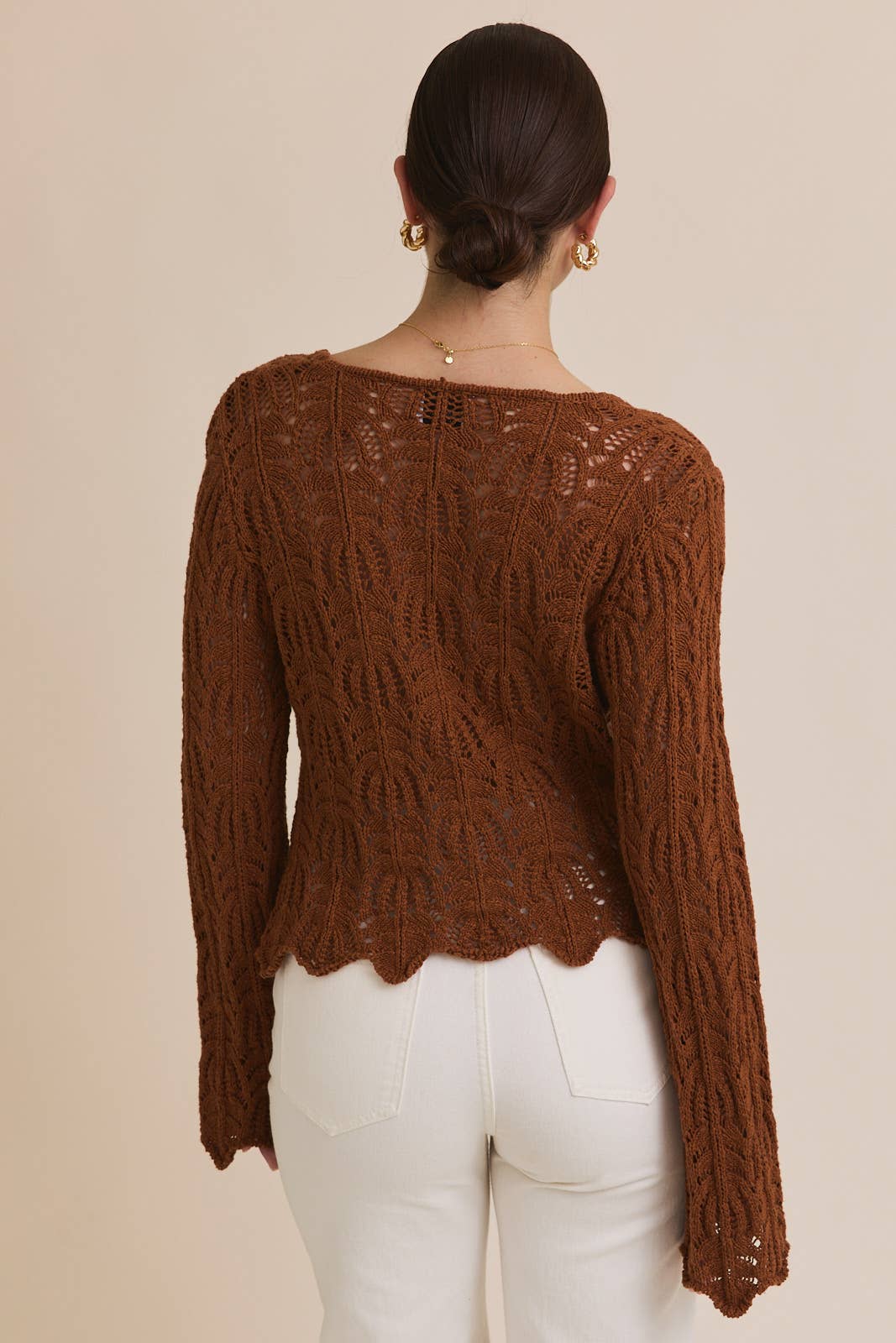 Brown Bell Sleeve Open Knit Cardigan