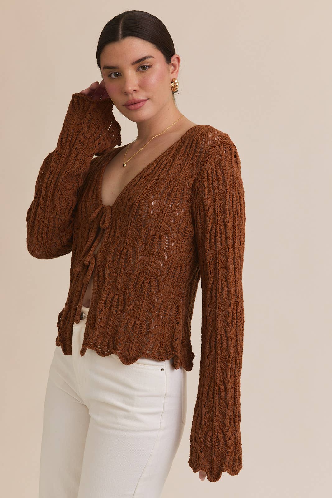 Brown Bell Sleeve Open Knit Cardigan