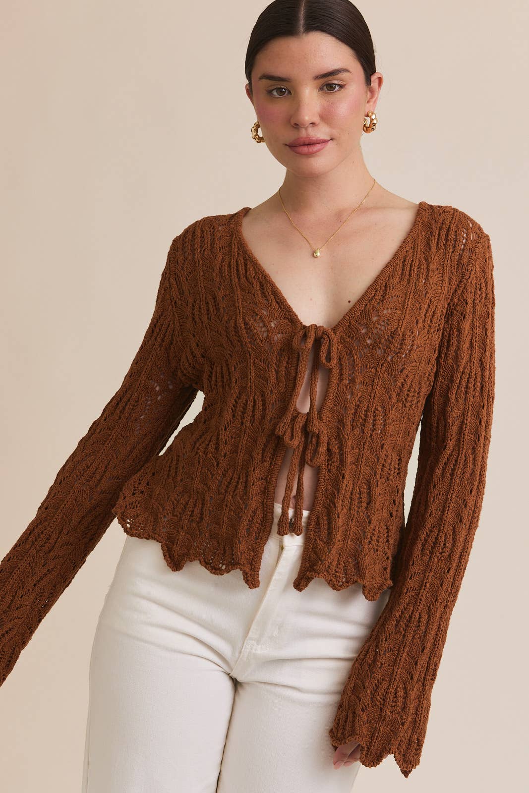 Brown Bell Sleeve Open Knit Cardigan
