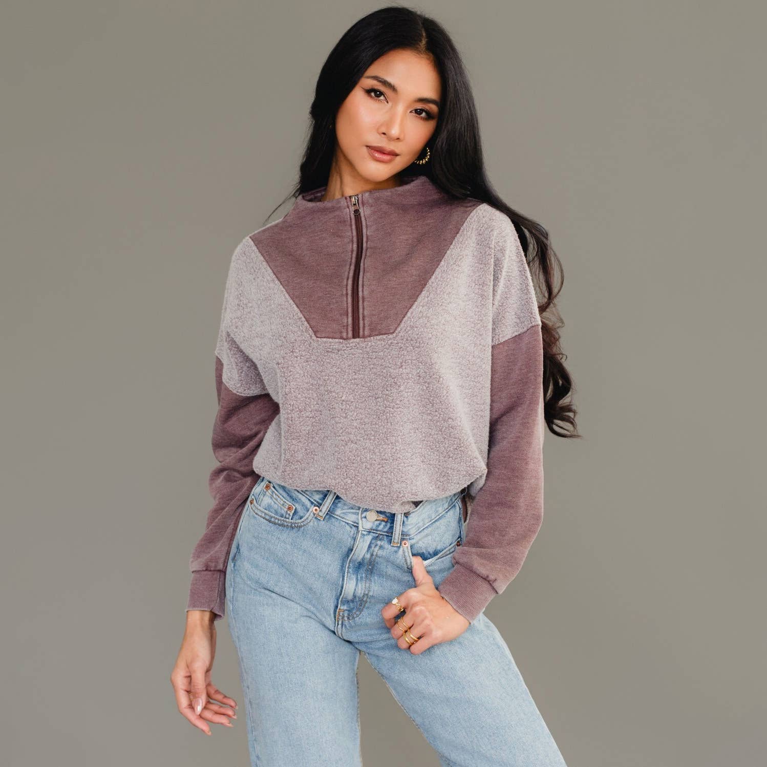 Brown Mixed Media Quarter Zip Sweatshirt