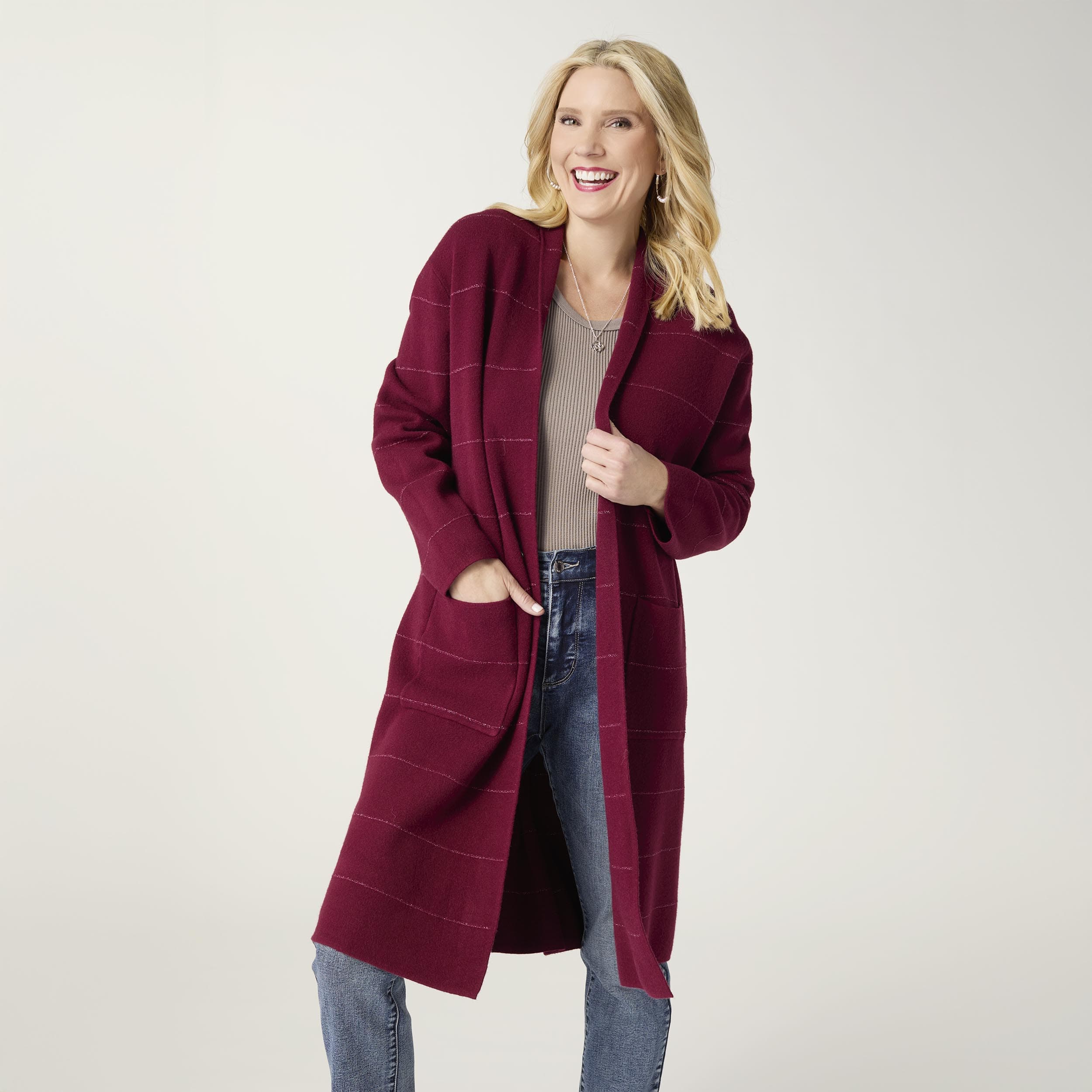 Burgandy Heavenly-Luxe Metallic Stripe Duster Cardigan