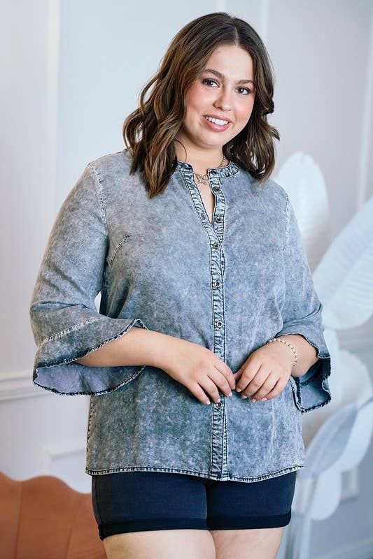 Doe and Rae Top Button Down Blouse With Ruffle Sleeve